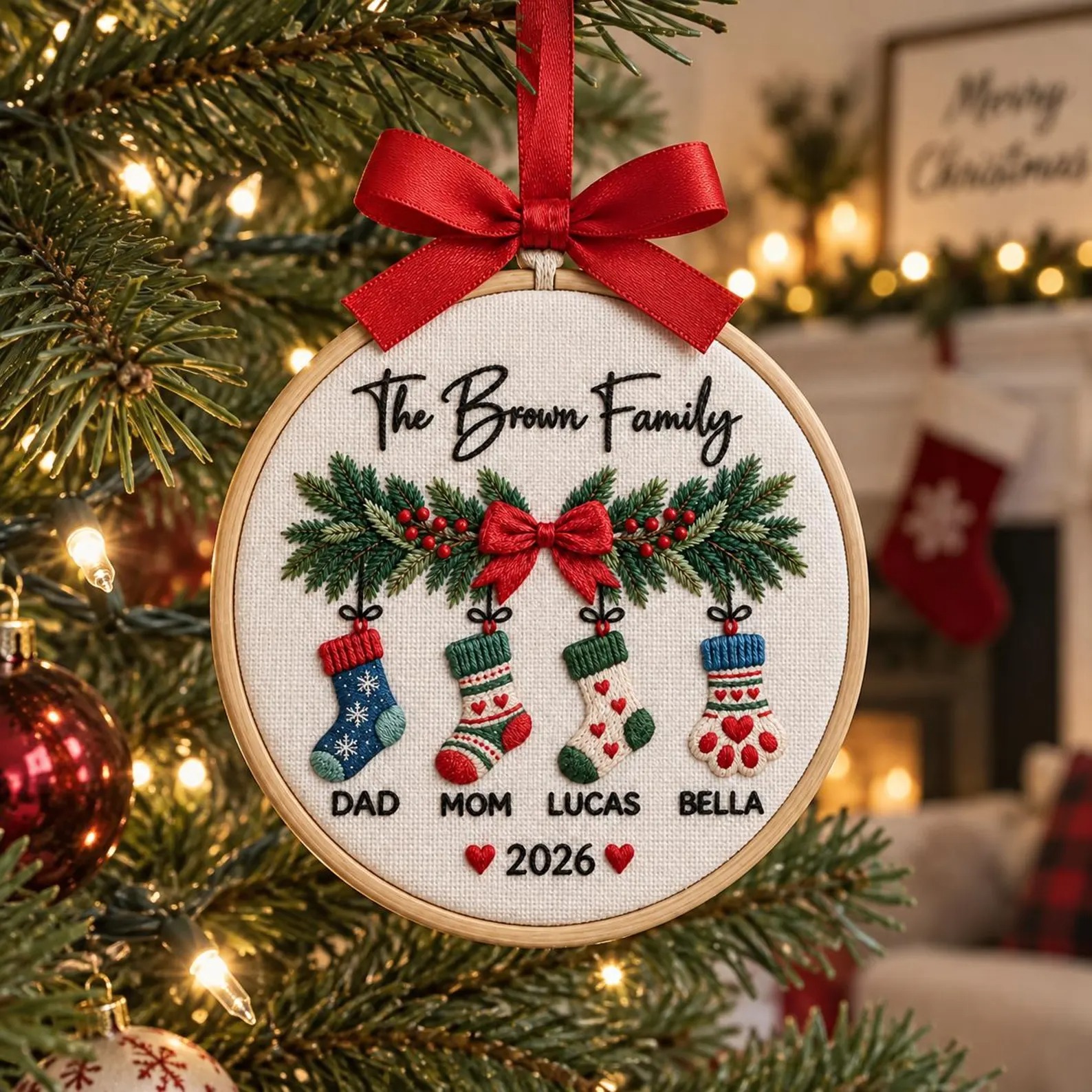 Personalized Family Christmas Stocking Embroidery Hoop