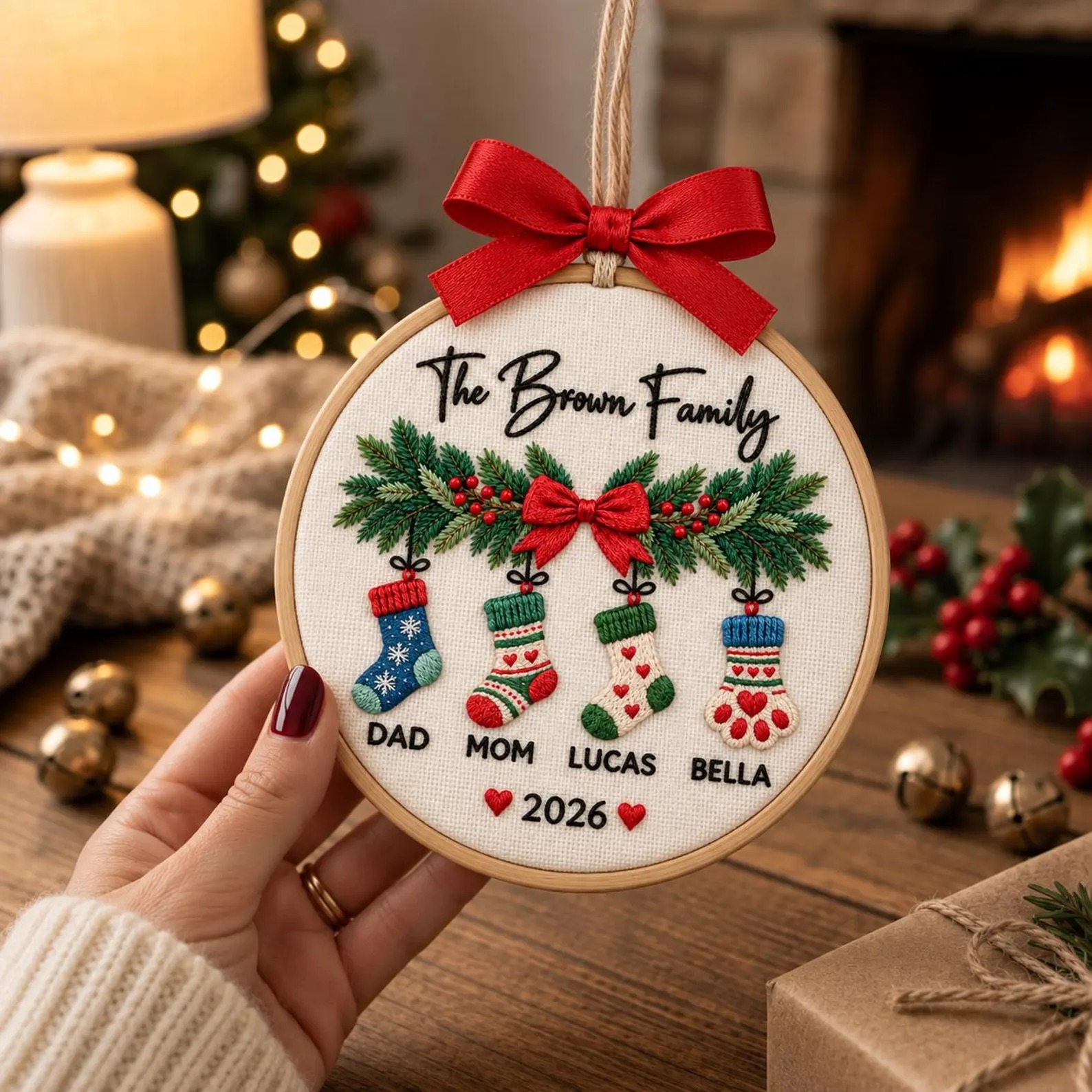 Personalized Family Christmas Stocking Embroidery Hoop