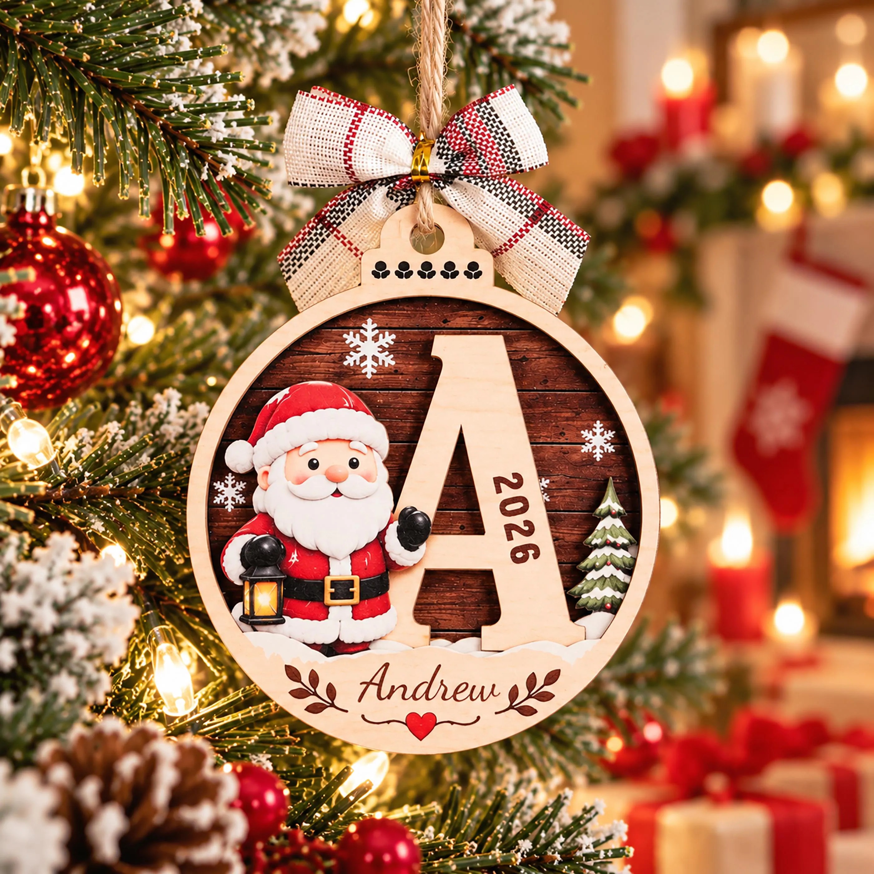 Personalized Initial Name Wooden Christmas Ornament