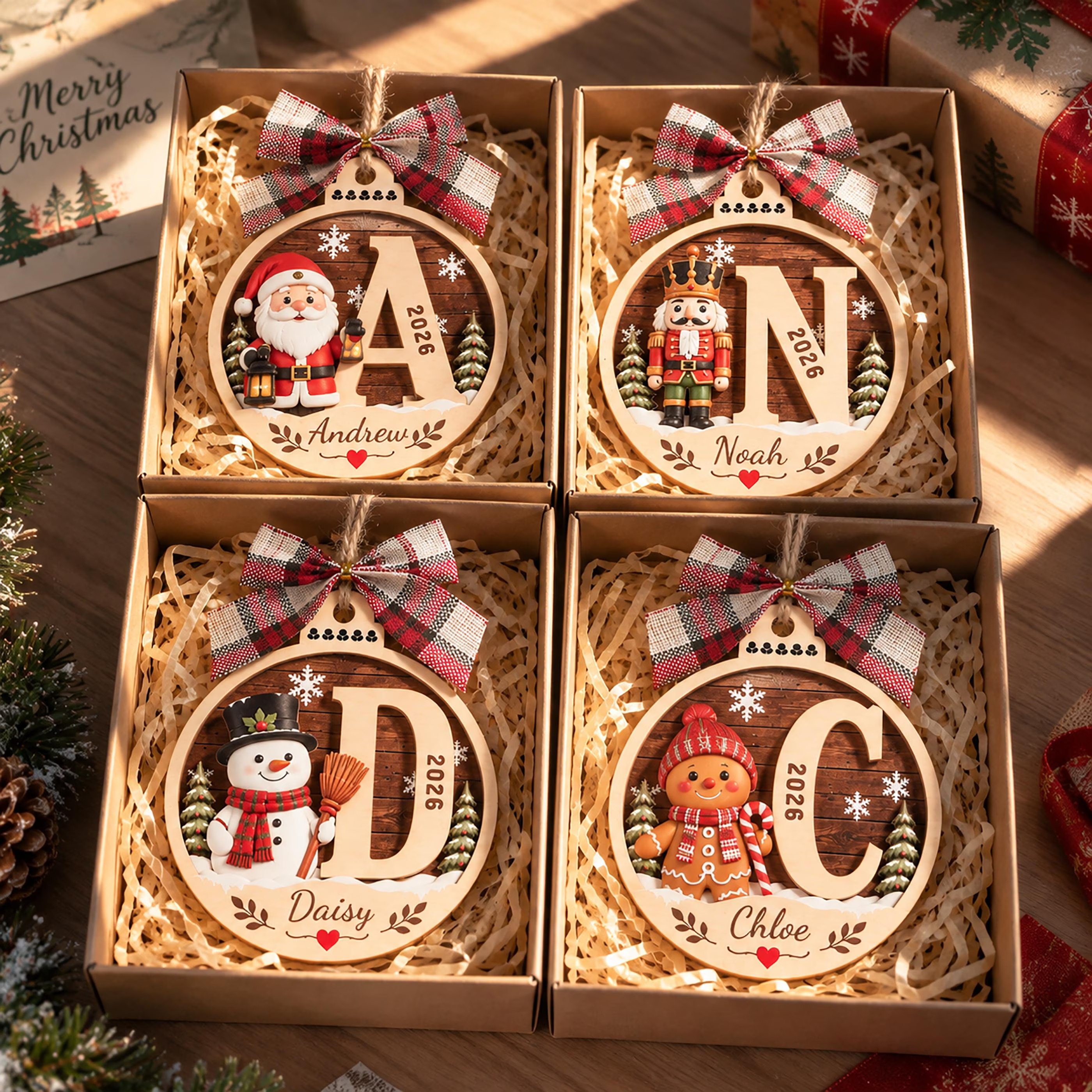 Personalized Initial Name Wooden Christmas Ornament
