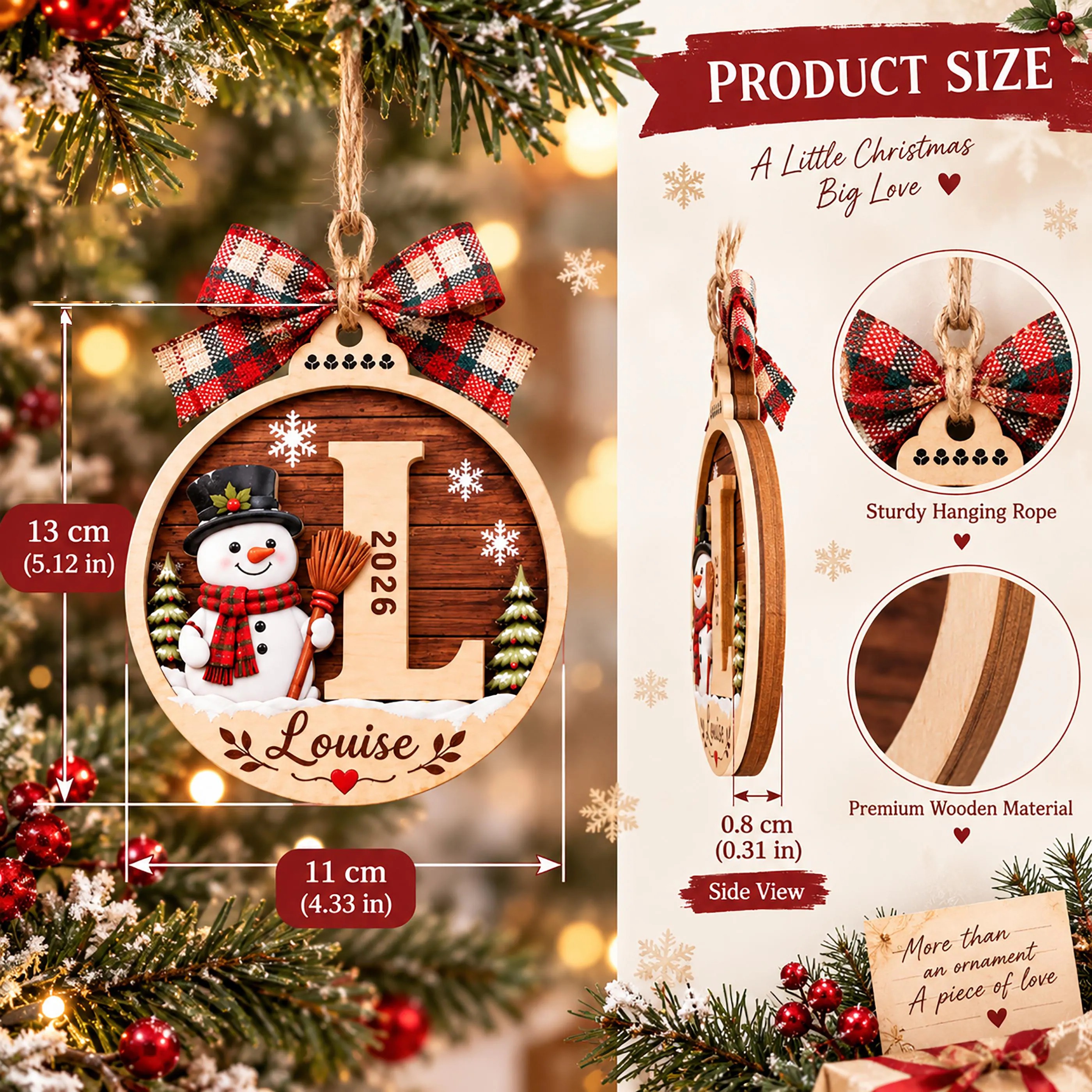 Personalized Initial Name Wooden Christmas Ornament