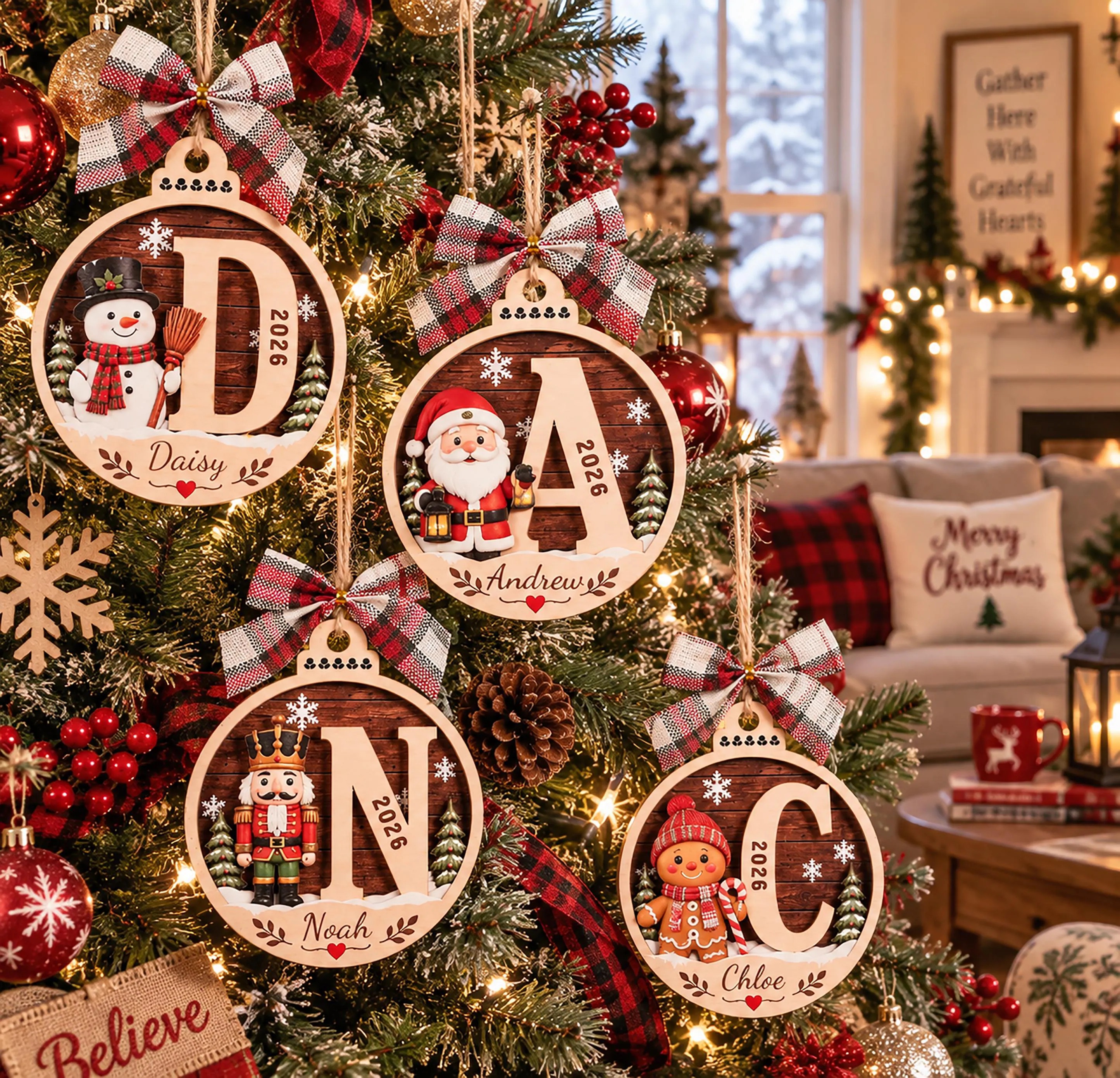 Personalized Initial Name Wooden Christmas Ornament
