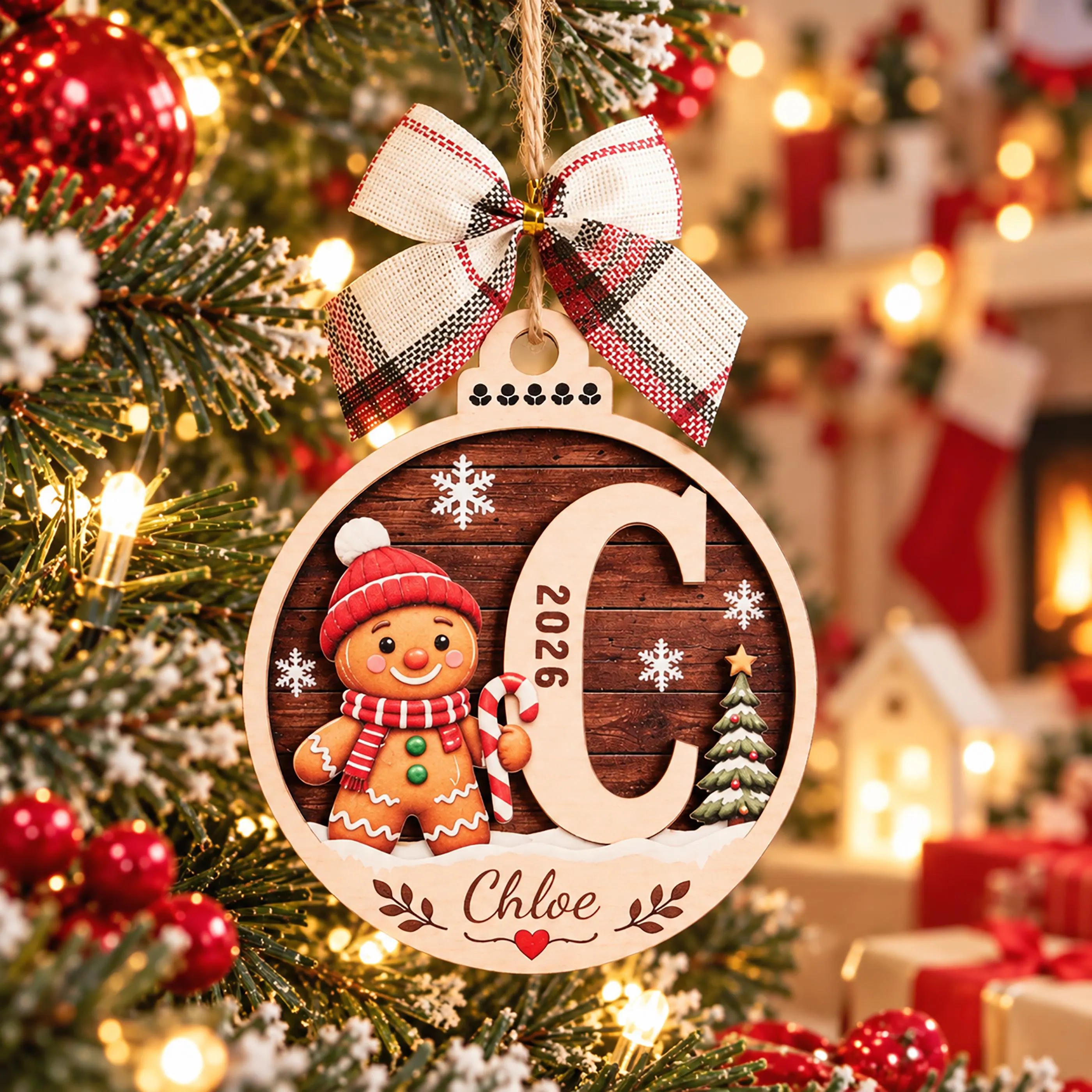 Personalized Initial Name Wooden Christmas Ornament