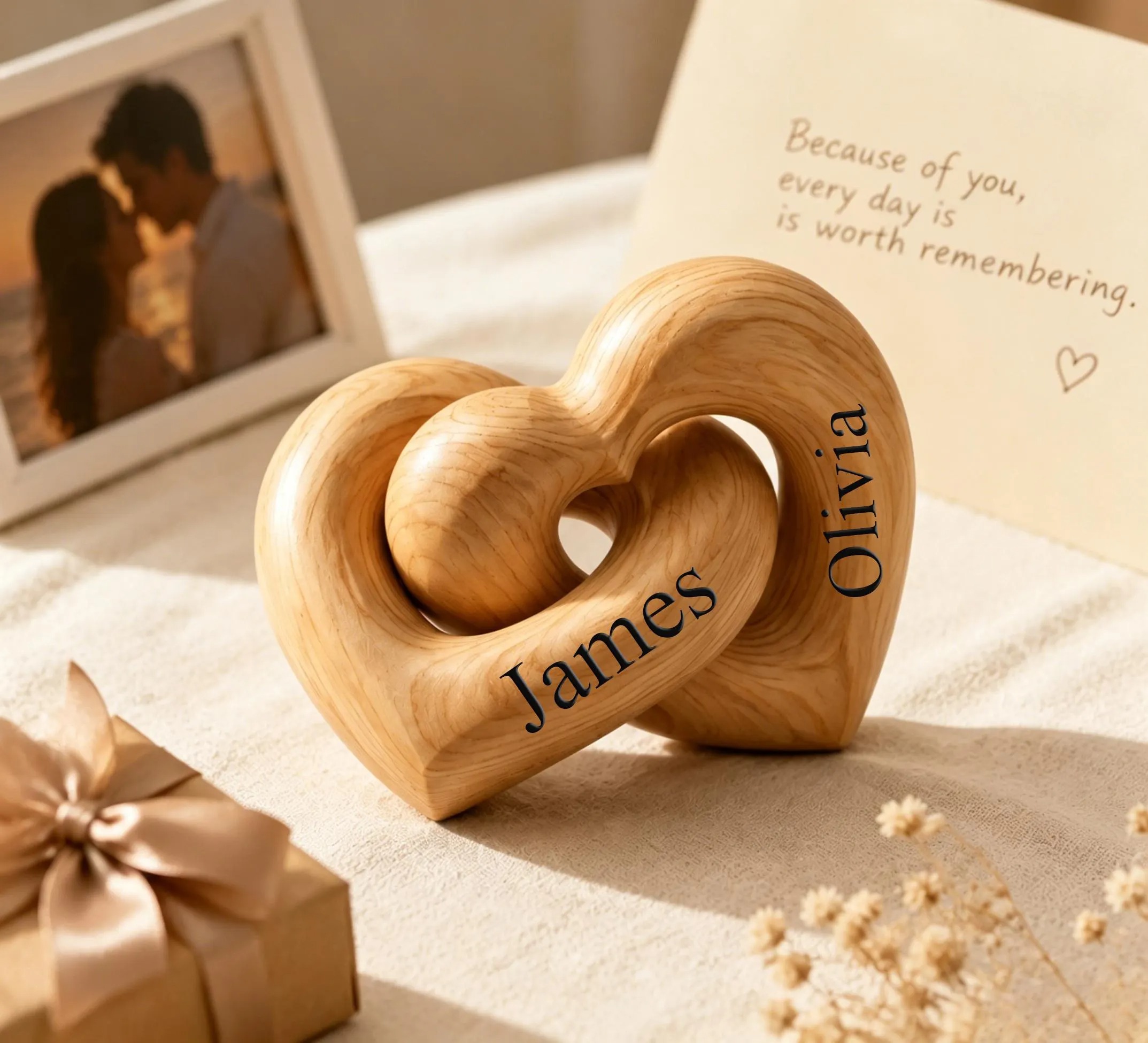 Personalized Interlocking Wooden Hearts | Engraved Couple Names, Anniversary Wedding Valentines Day Gift