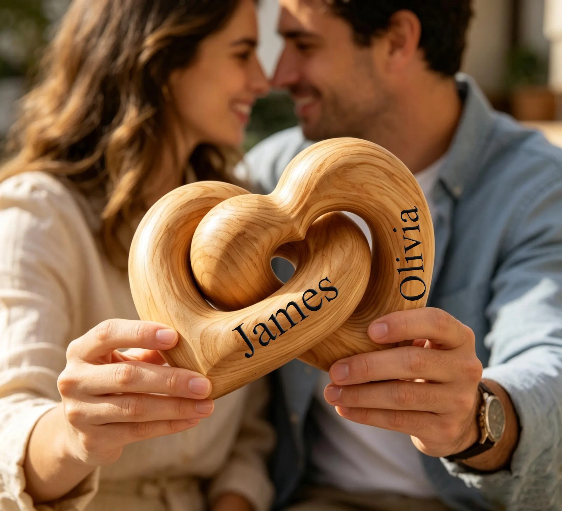 Personalized Interlocking Wooden Hearts | Engraved Couple Names, Anniversary Wedding Valentines Day Gift