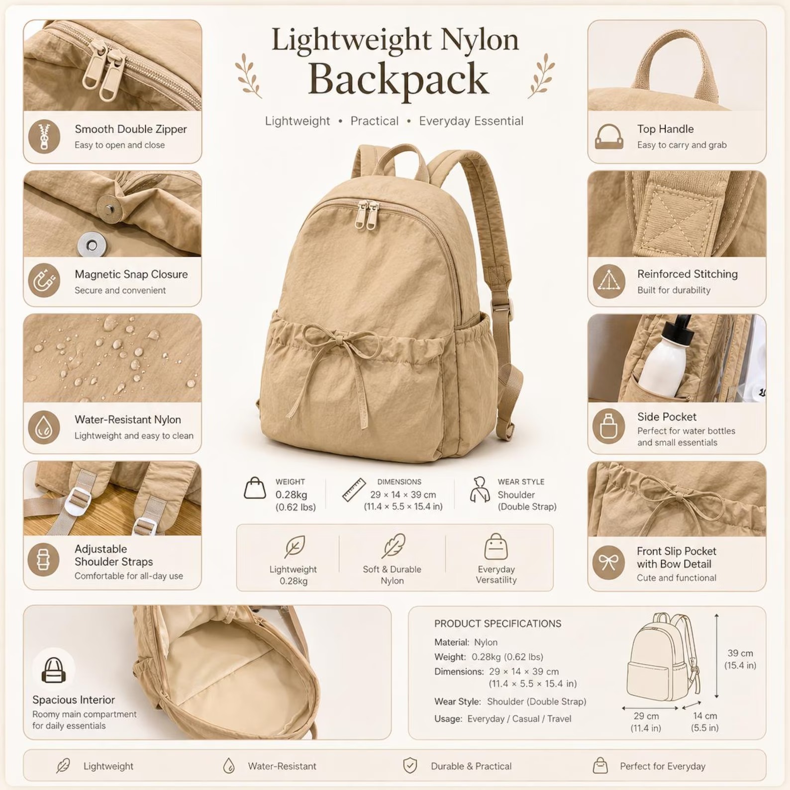 Personalized Lightweight Nylon Backpack with Custom Name Embroidery