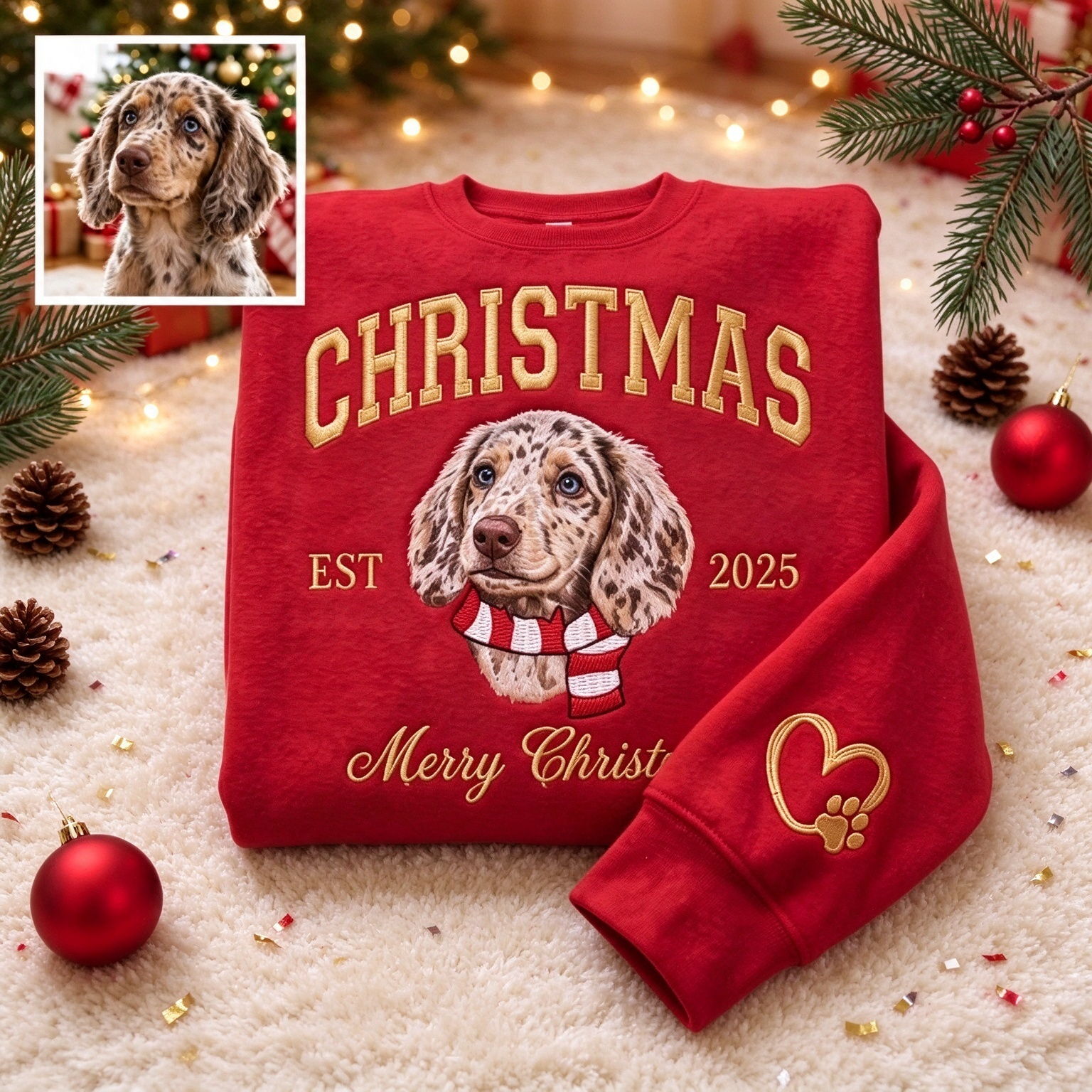 Personalized Merry Christmas Pet Portrait Embroidered Sweatshirt