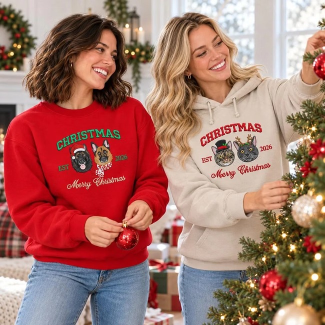 Personalized Merry Christmas Pet Portrait Embroidered Sweatshirt