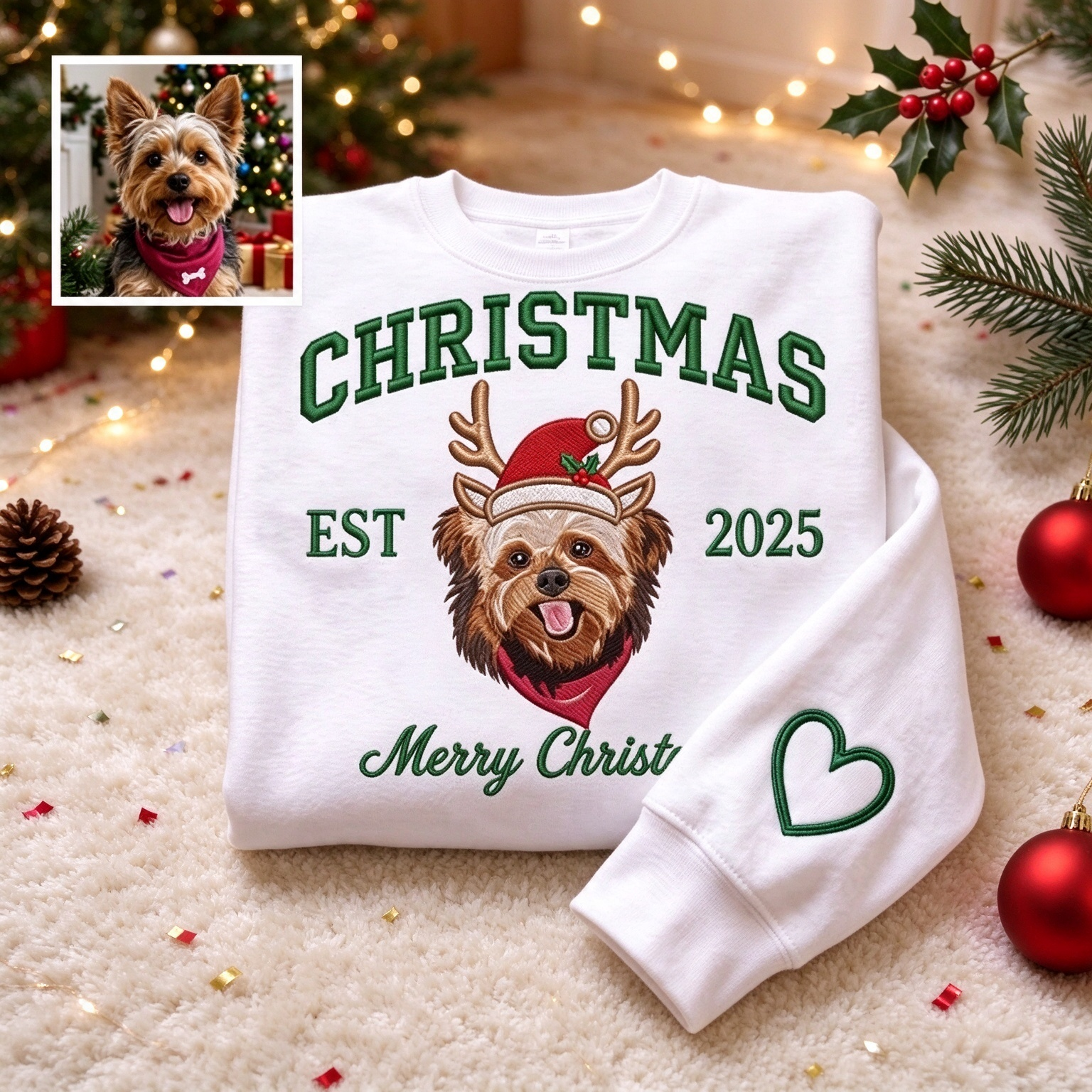 Personalized Merry Christmas Pet Portrait Embroidered Sweatshirt