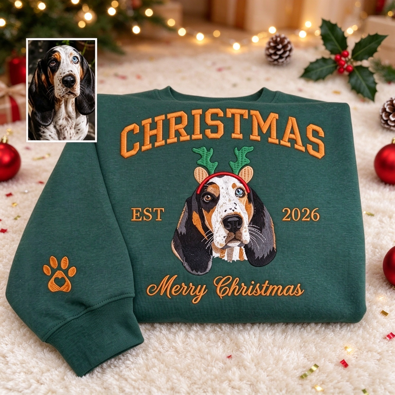 Personalized Merry Christmas Pet Portrait Embroidered Sweatshirt