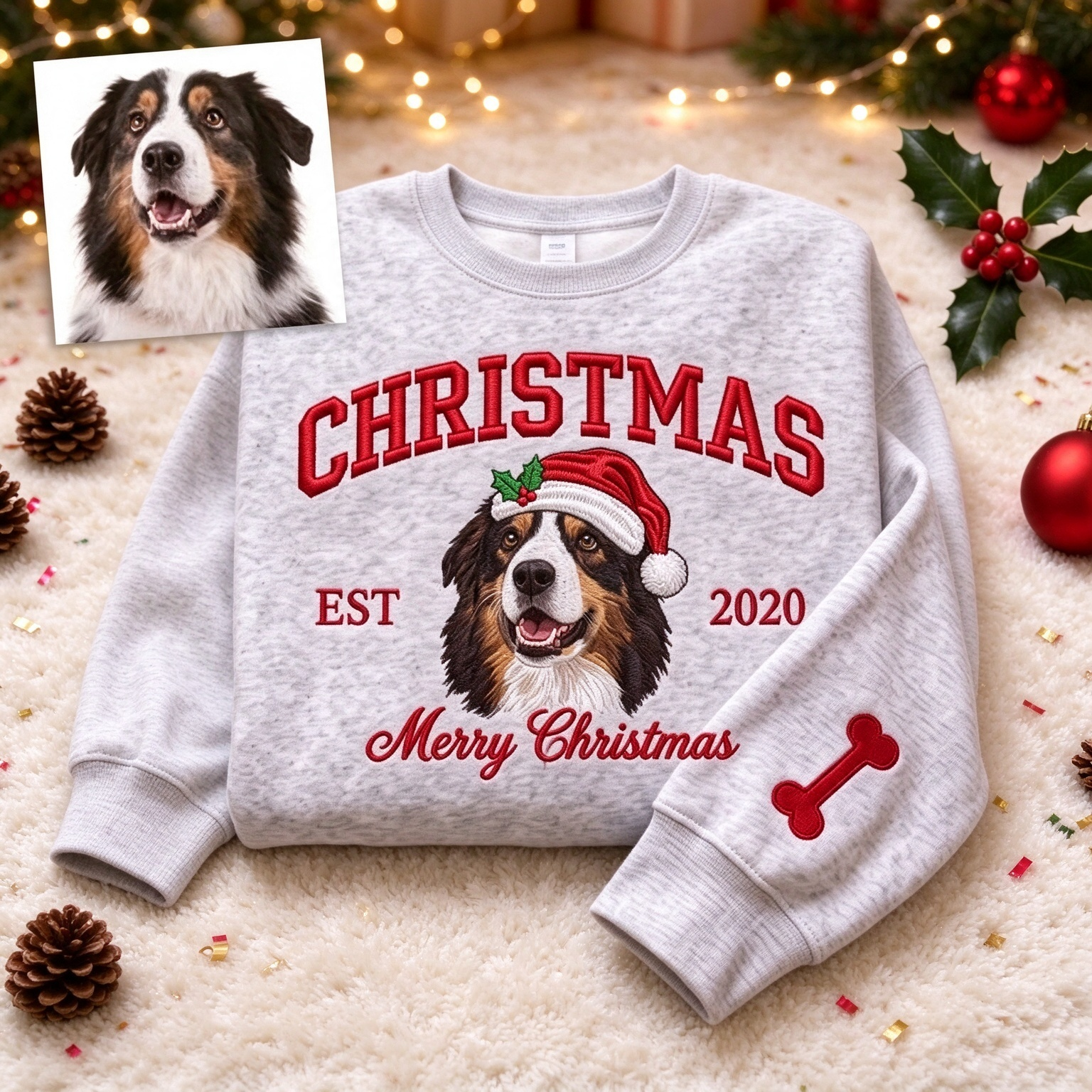 Personalized Merry Christmas Pet Portrait Embroidered Sweatshirt