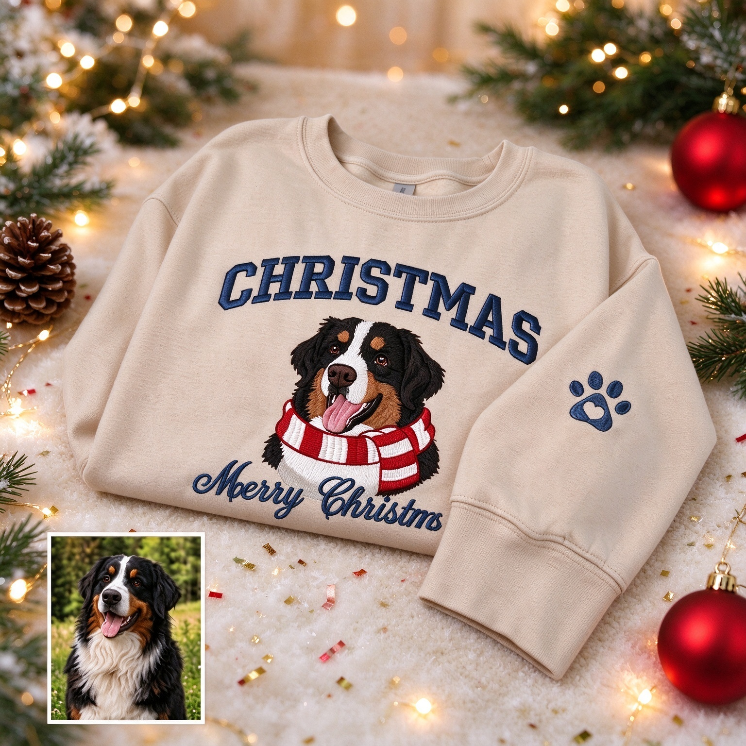 Personalized Merry Christmas Pet Portrait Embroidered Sweatshirt