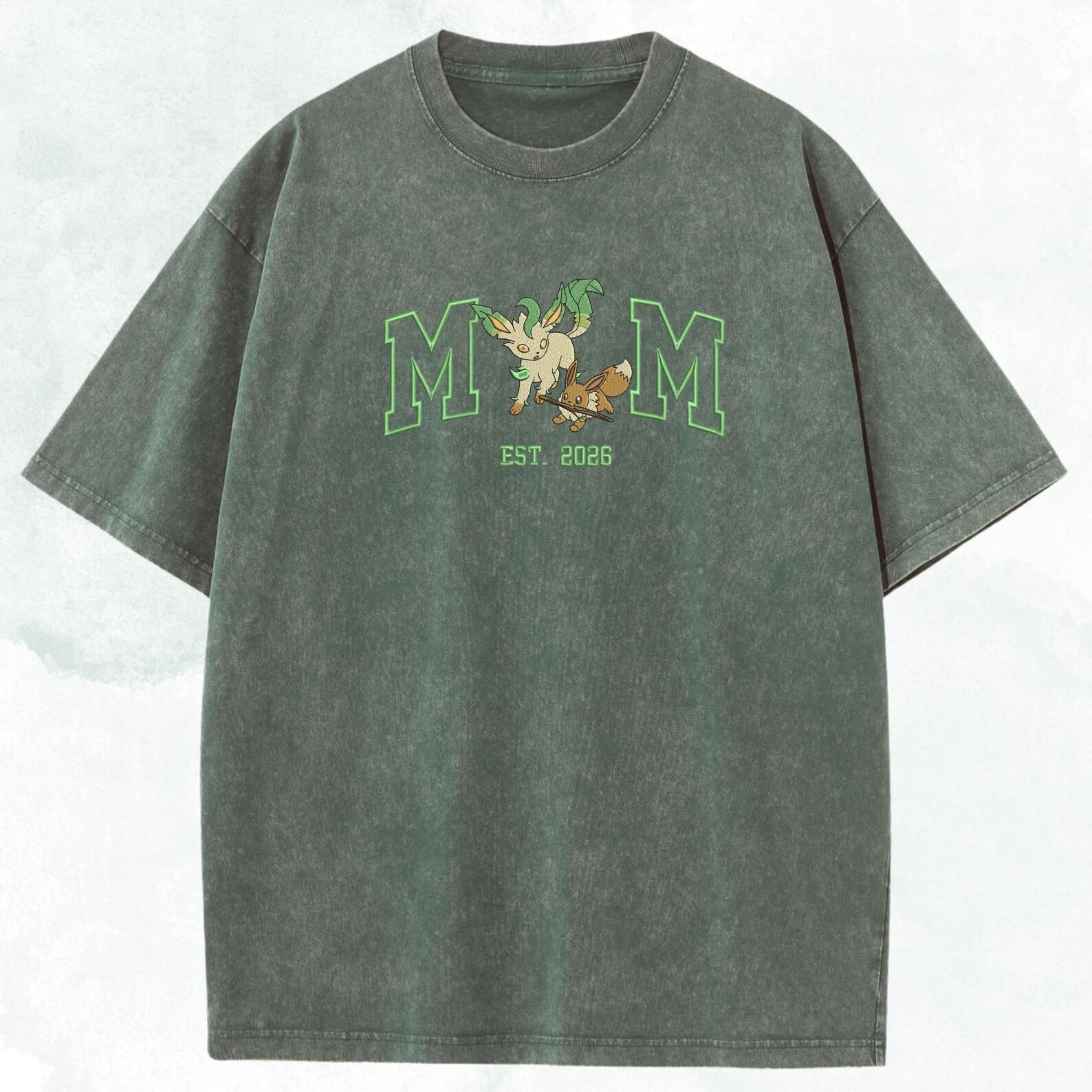 Personalized Mom PKM Embroidered Washed Shirt, Custom Anime Characters Embroidery, Pokedad Unisex Cotton Shirt