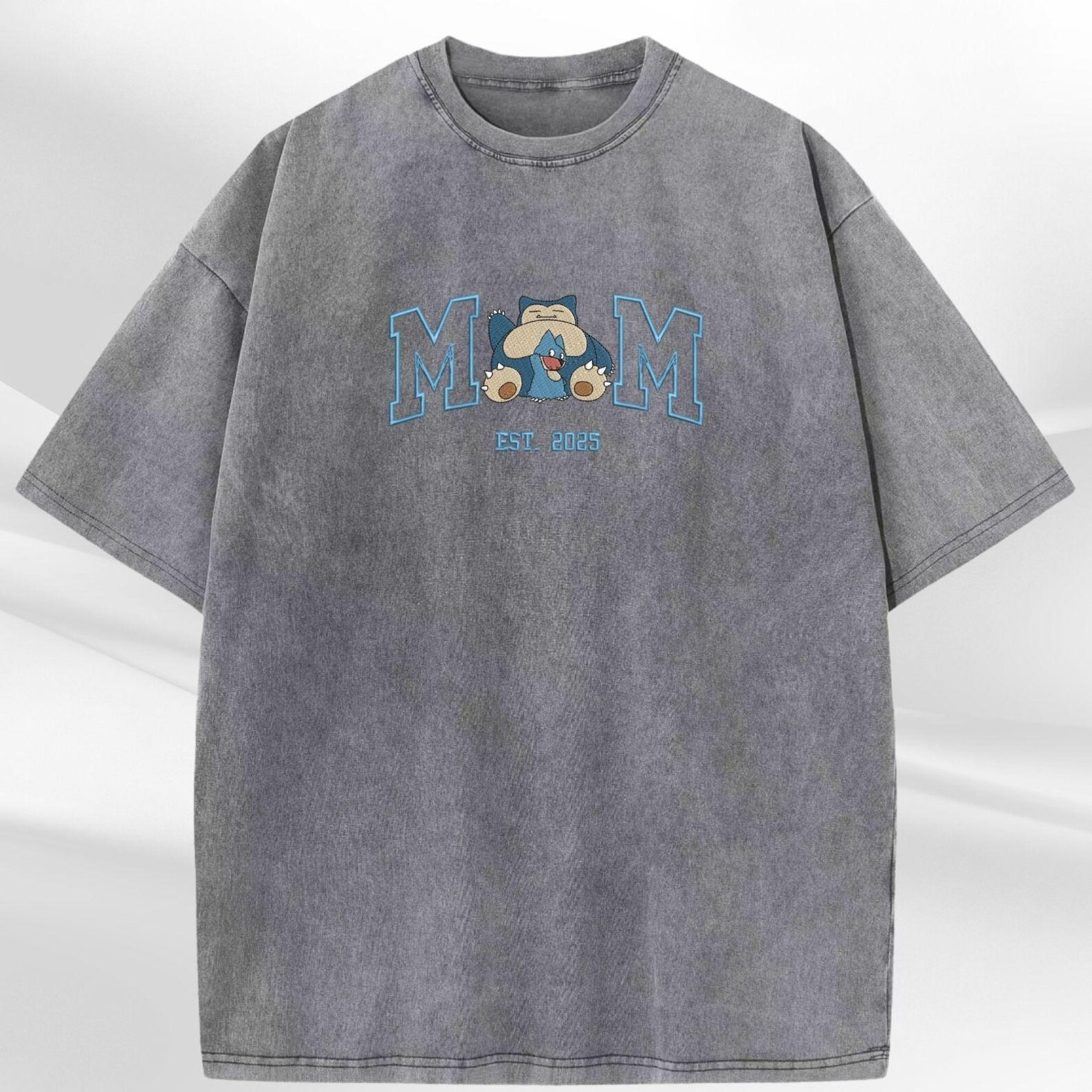 Personalized Mom PKM Embroidered Washed Shirt, Custom Anime Characters Embroidery, Pokedad Unisex Cotton Shirt