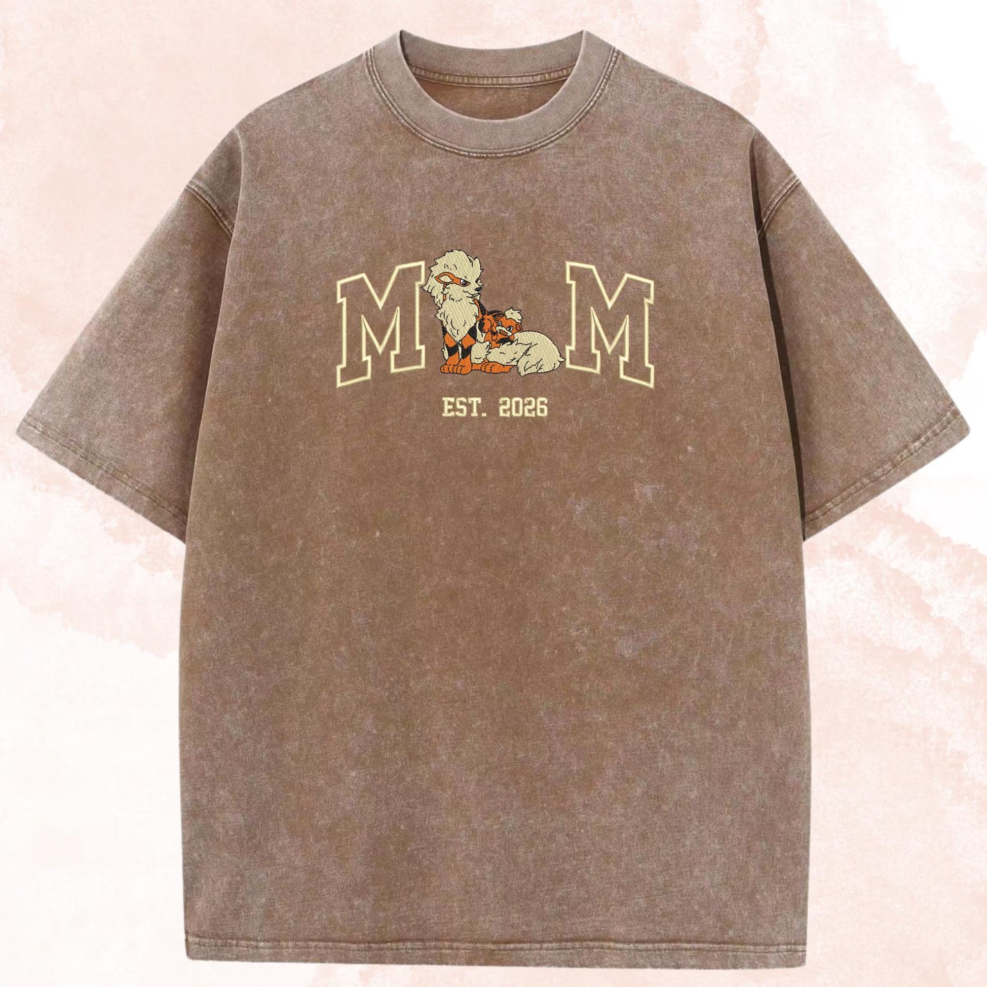 Personalized Mom PKM Embroidered Washed Shirt, Custom Anime Characters Embroidery, Pokedad Unisex Cotton Shirt