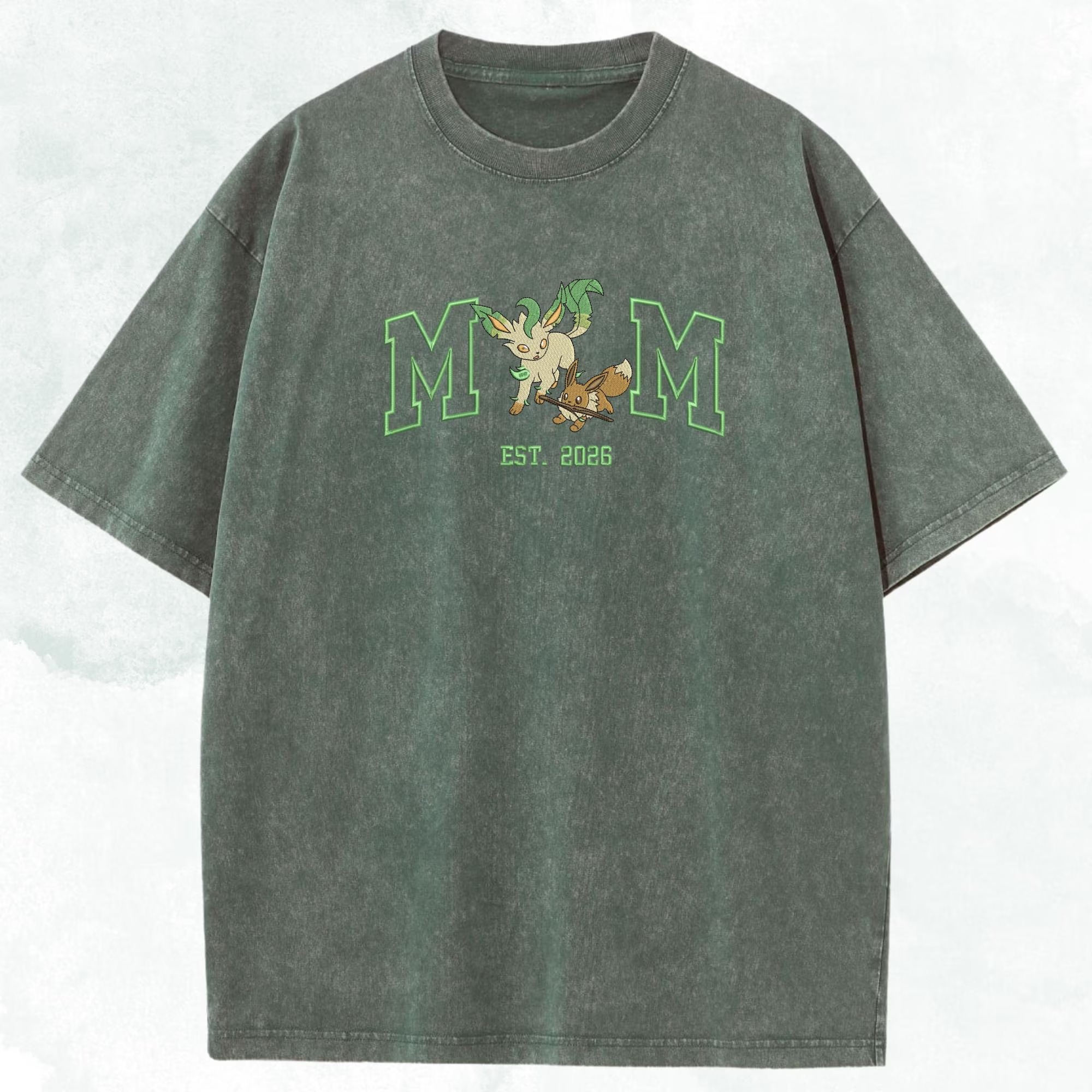 Personalized Mom PKM Embroidered Washed Shirt, Custom Anime Characters Embroidery, Pokedad Unisex Cotton Shirt