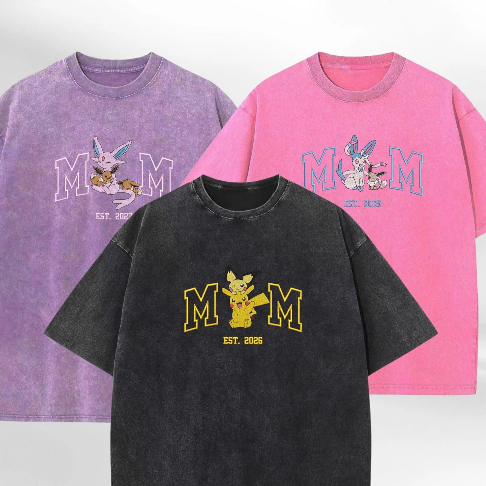 Personalized Mom PKM Embroidered Washed Shirt, Custom Anime Characters Embroidery, Pokedad Unisex Cotton Shirt