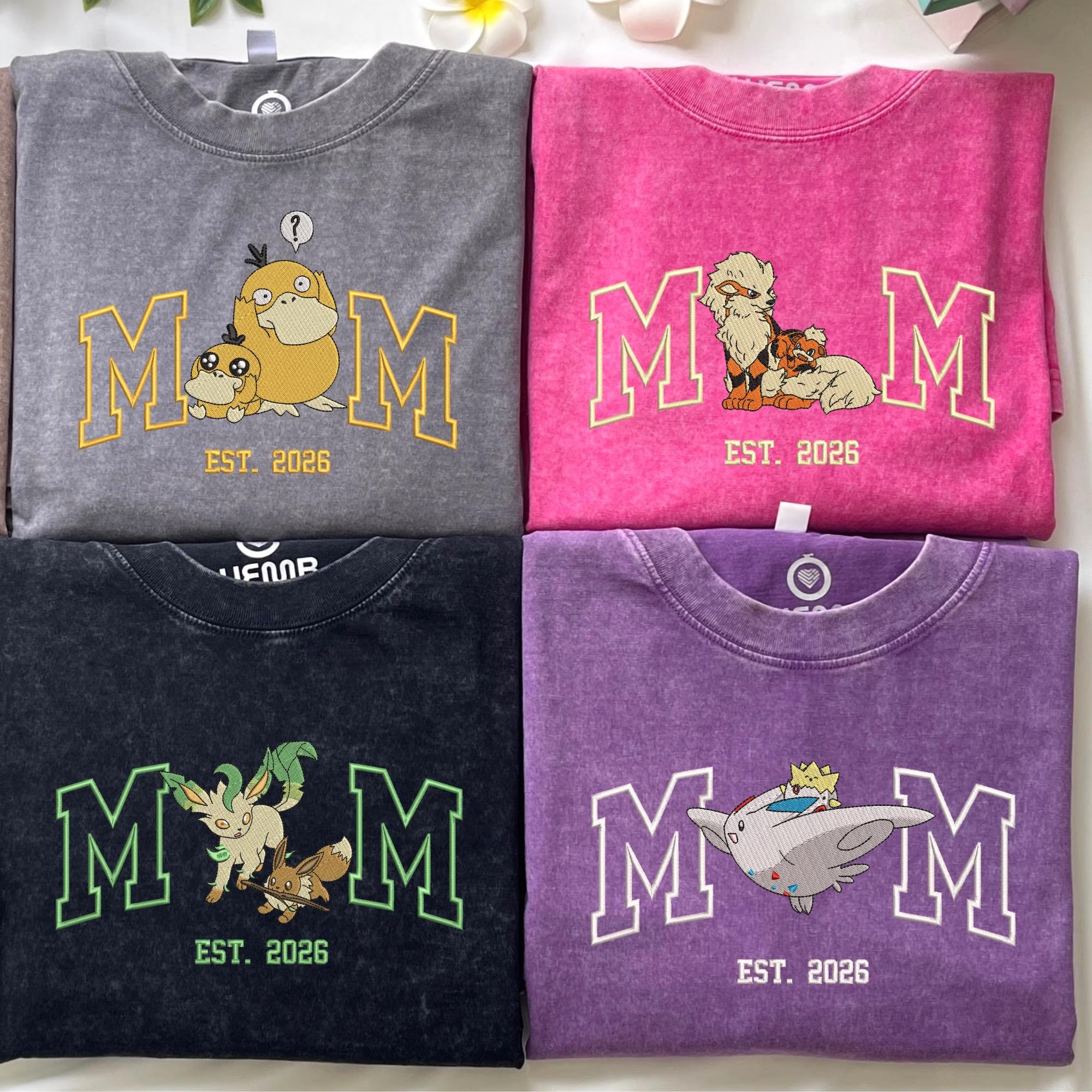 Personalized Mom PKM Embroidered Washed Shirt, Custom Anime Characters Embroidery, Pokedad Unisex Cotton Shirt