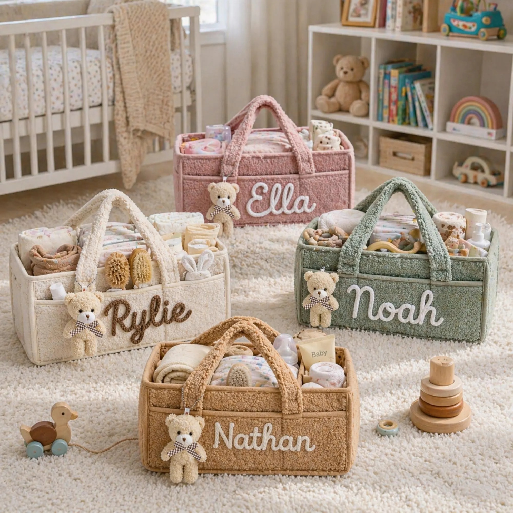 Personalized Newborn Baby Diaper Caddy Organizer, Kids Nursery Toy Storage Basket