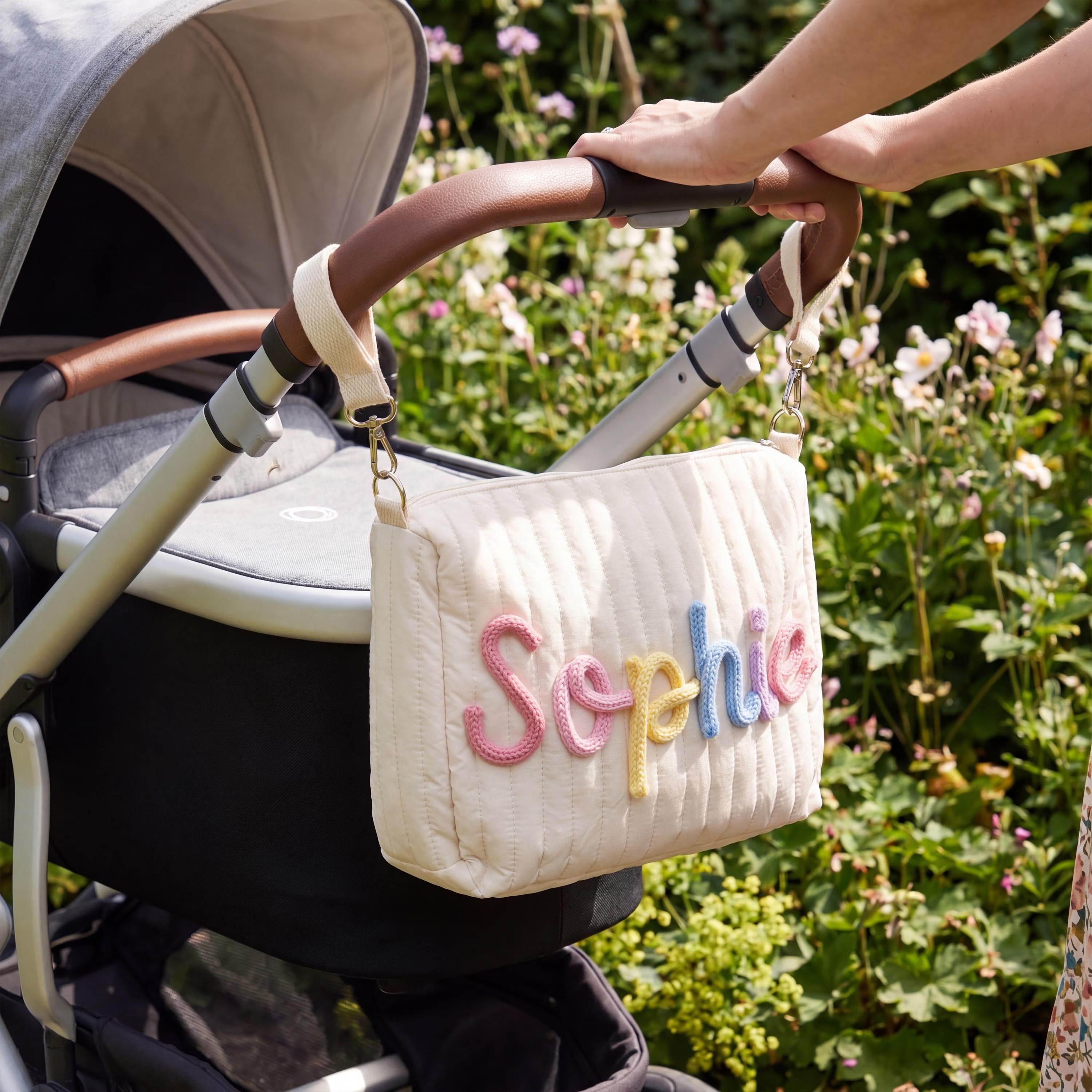 Personalized Quilted Stroller Organizer: Pastel Baby Girl Name Pram Caddy, Gift for New Mom