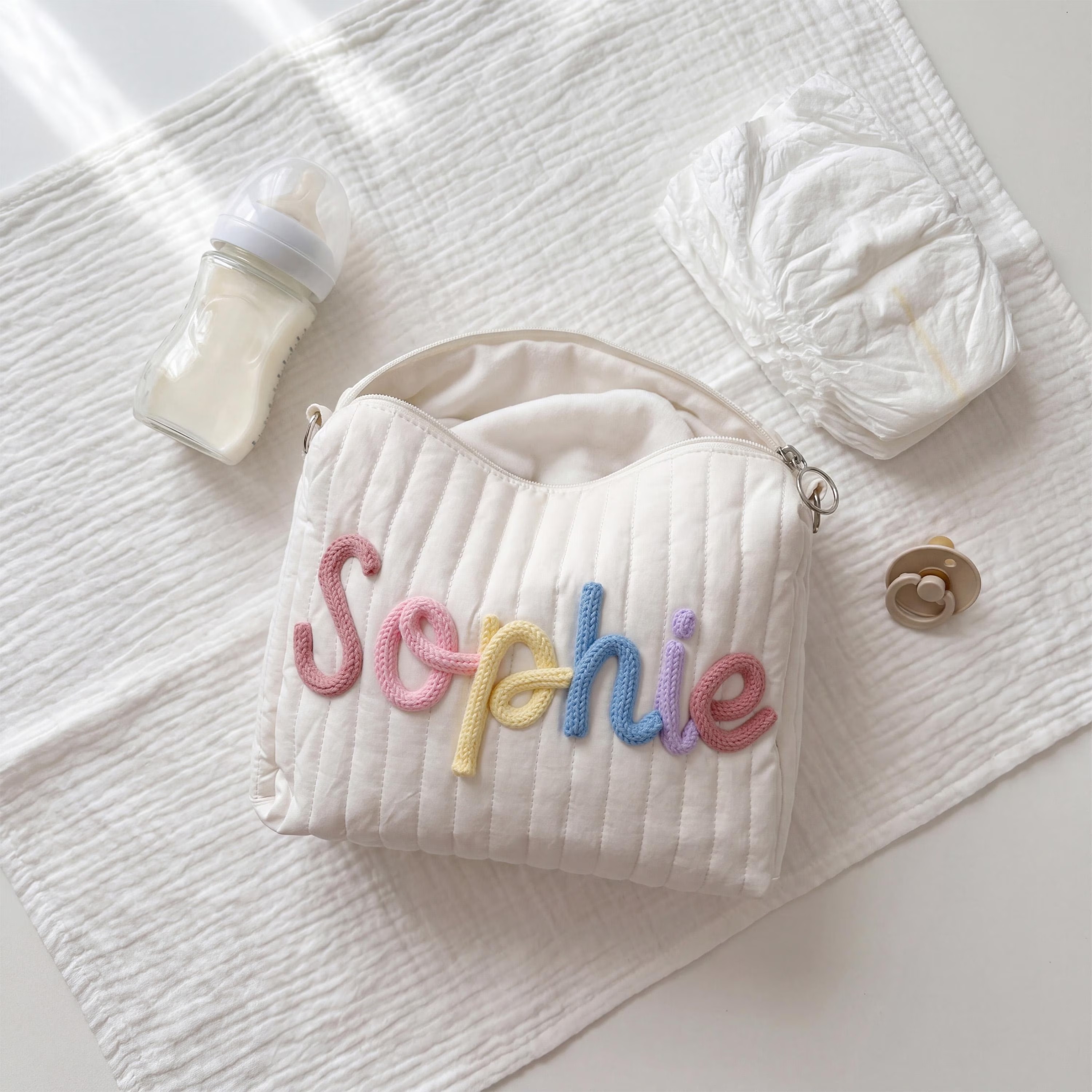 Personalized Quilted Stroller Organizer: Pastel Baby Girl Name Pram Caddy, Gift for New Mom