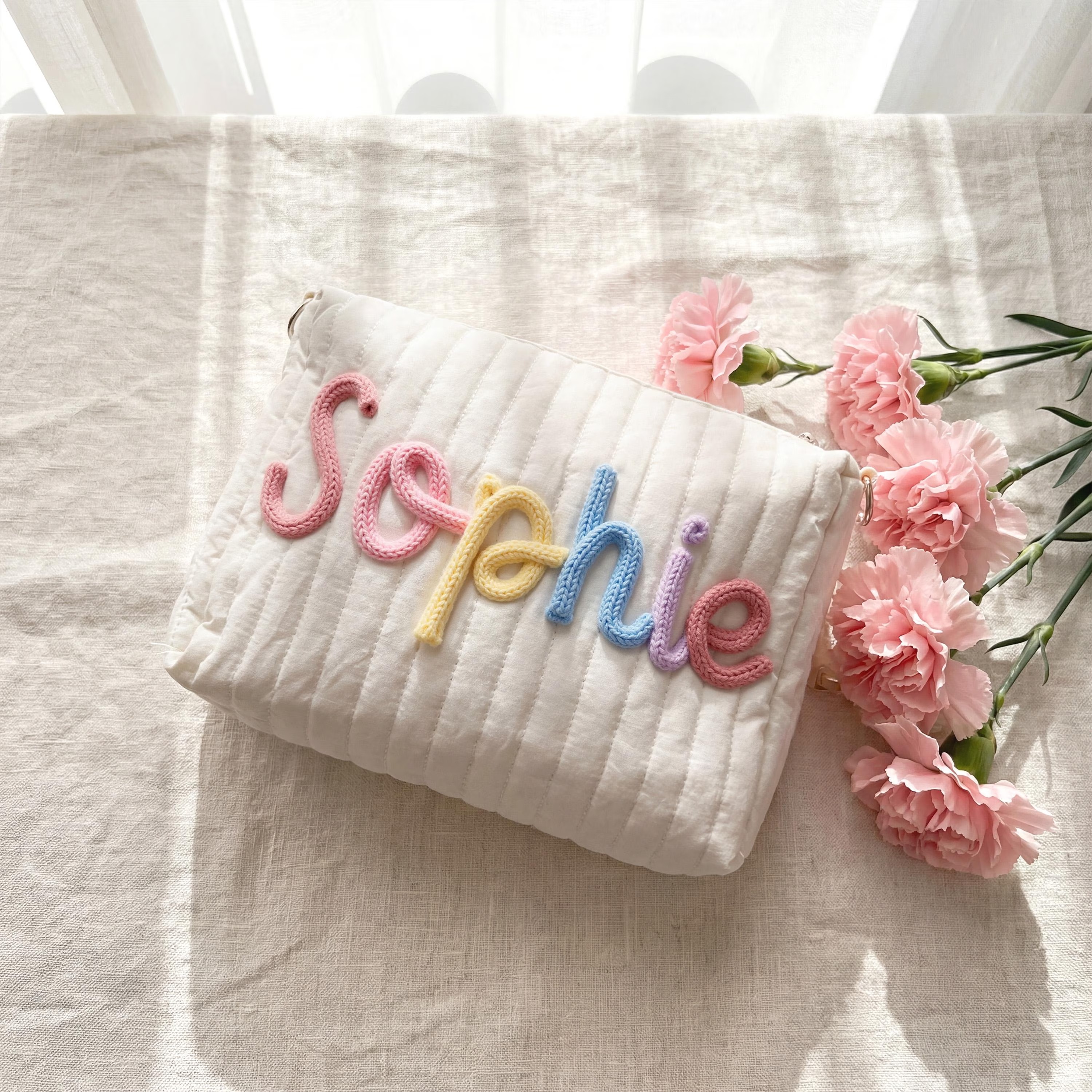 Personalized Quilted Stroller Organizer: Pastel Baby Girl Name Pram Caddy, Gift for New Mom