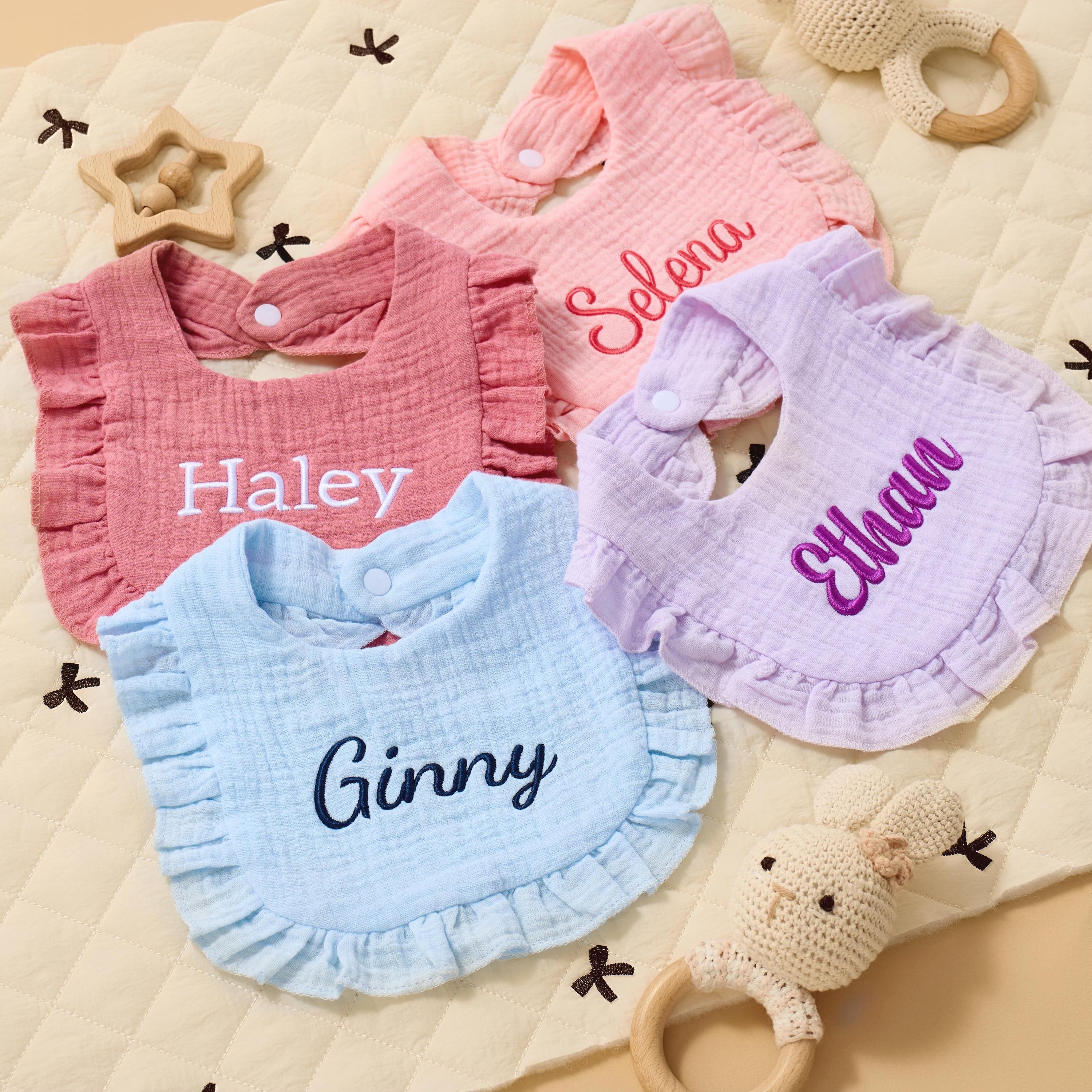 Personalized Ruffle Baby Bib, Embroidered Name Baby Burp Cloth