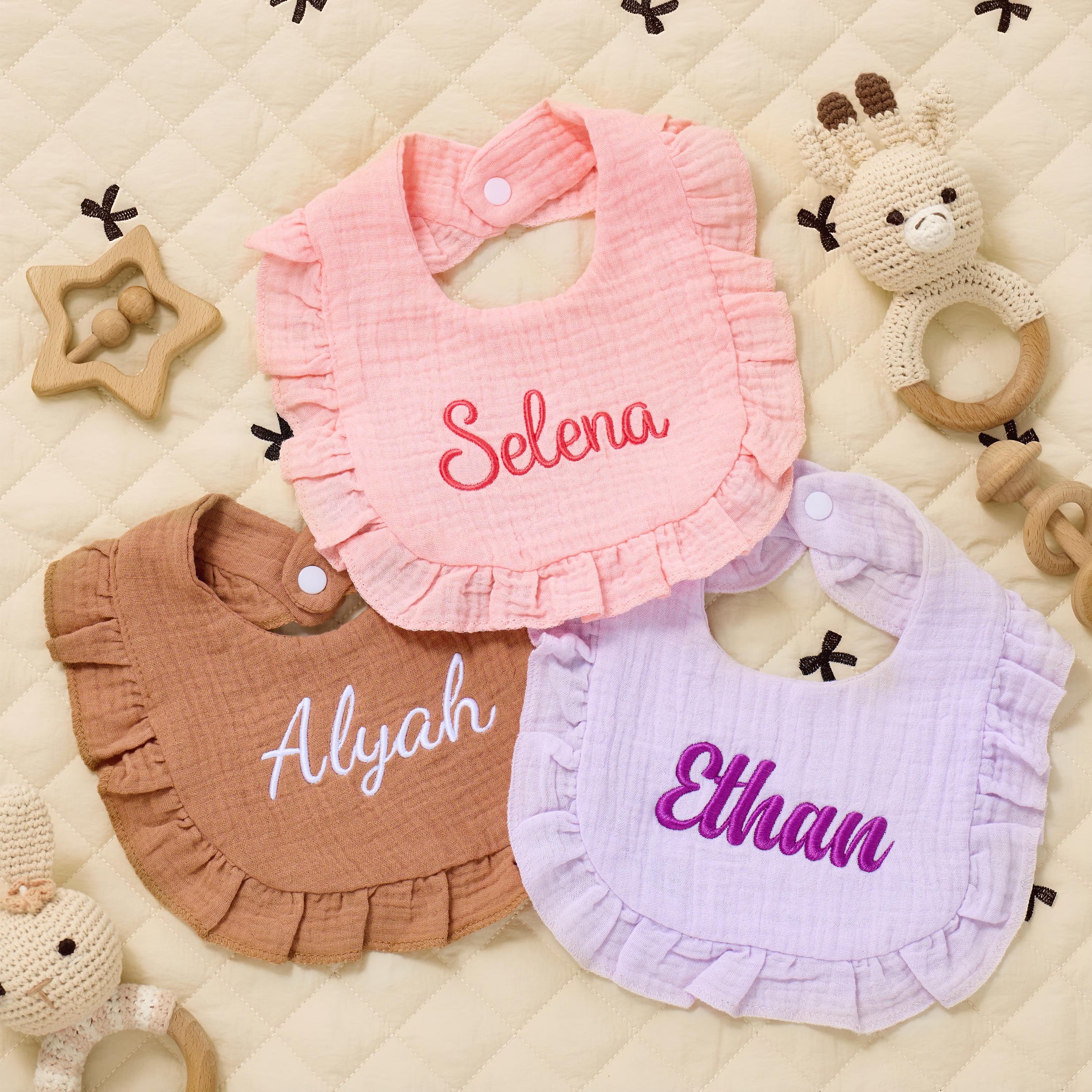 Personalized Ruffle Baby Bib, Embroidered Name Baby Burp Cloth