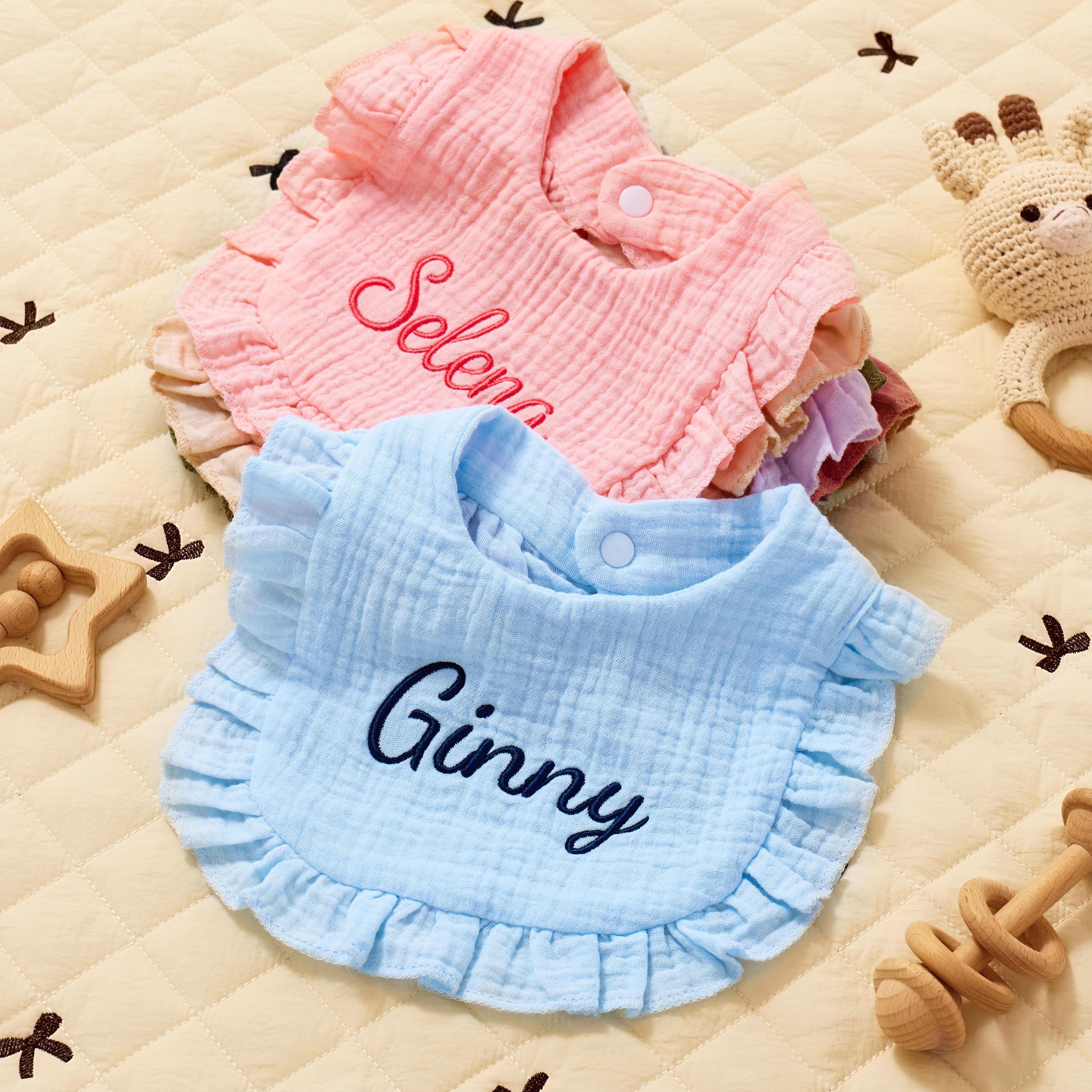 Personalized Ruffle Baby Bib, Embroidered Name Baby Burp Cloth