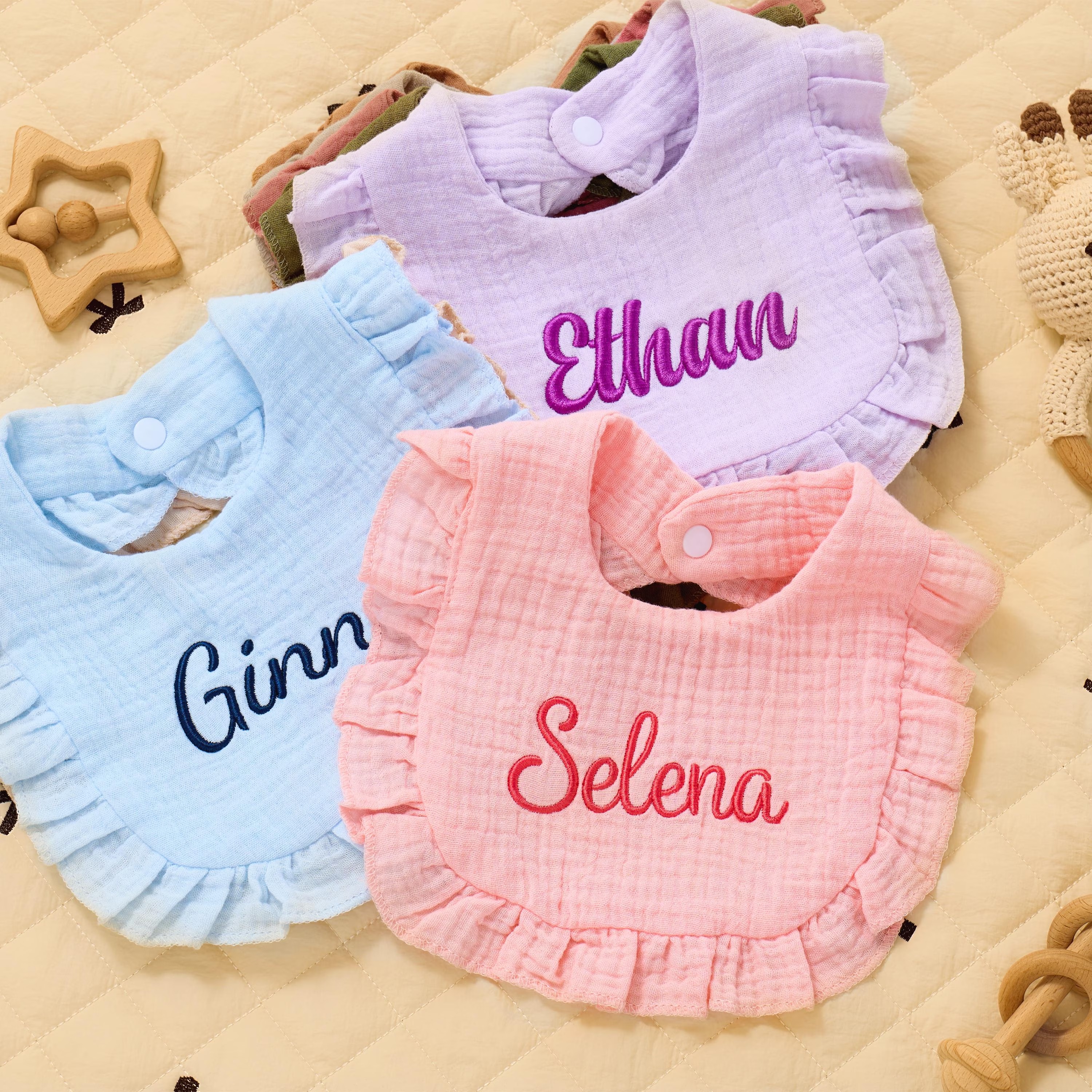 Personalized Ruffle Baby Bib, Embroidered Name Baby Burp Cloth