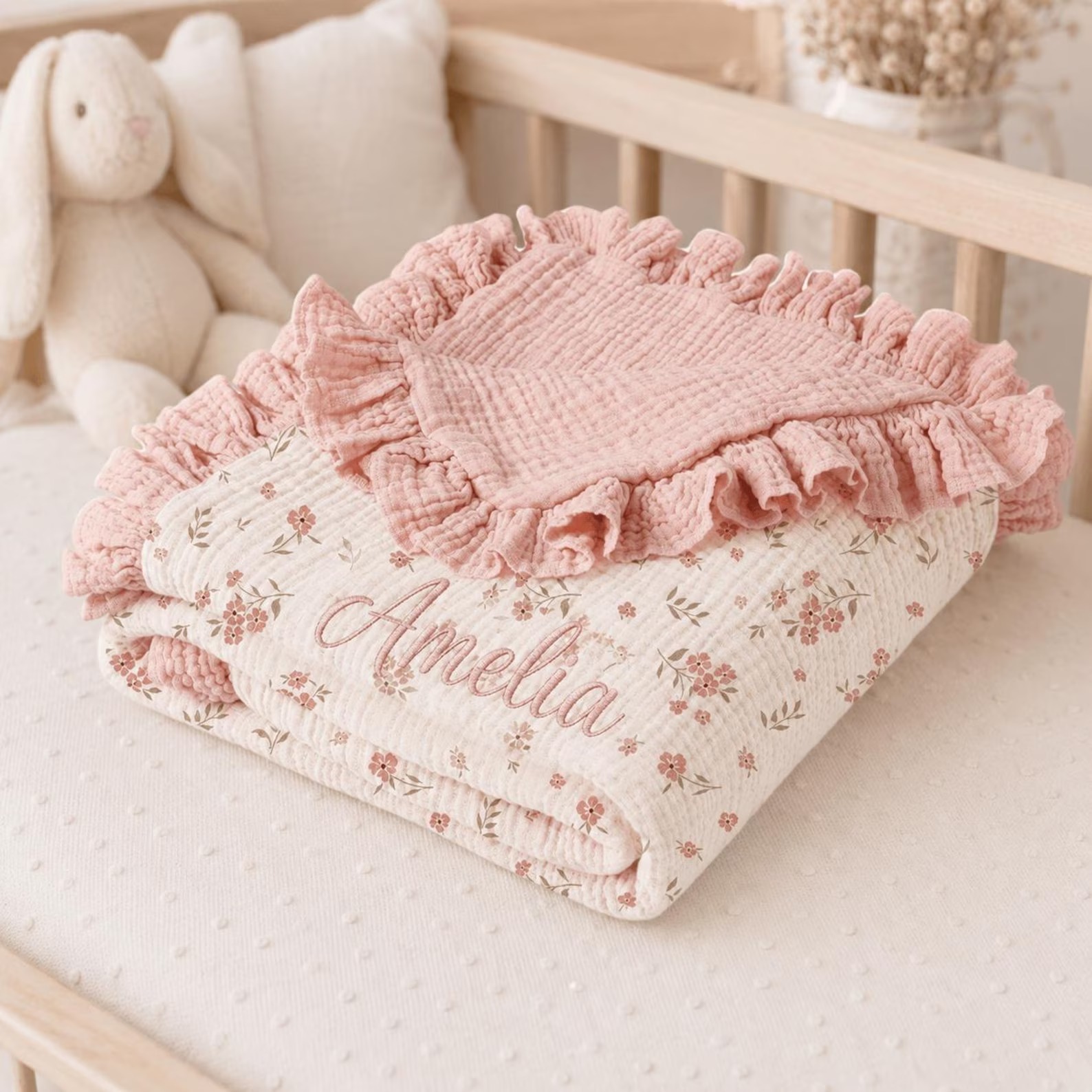 Personalized Ruffle Muslin Baby Blanket