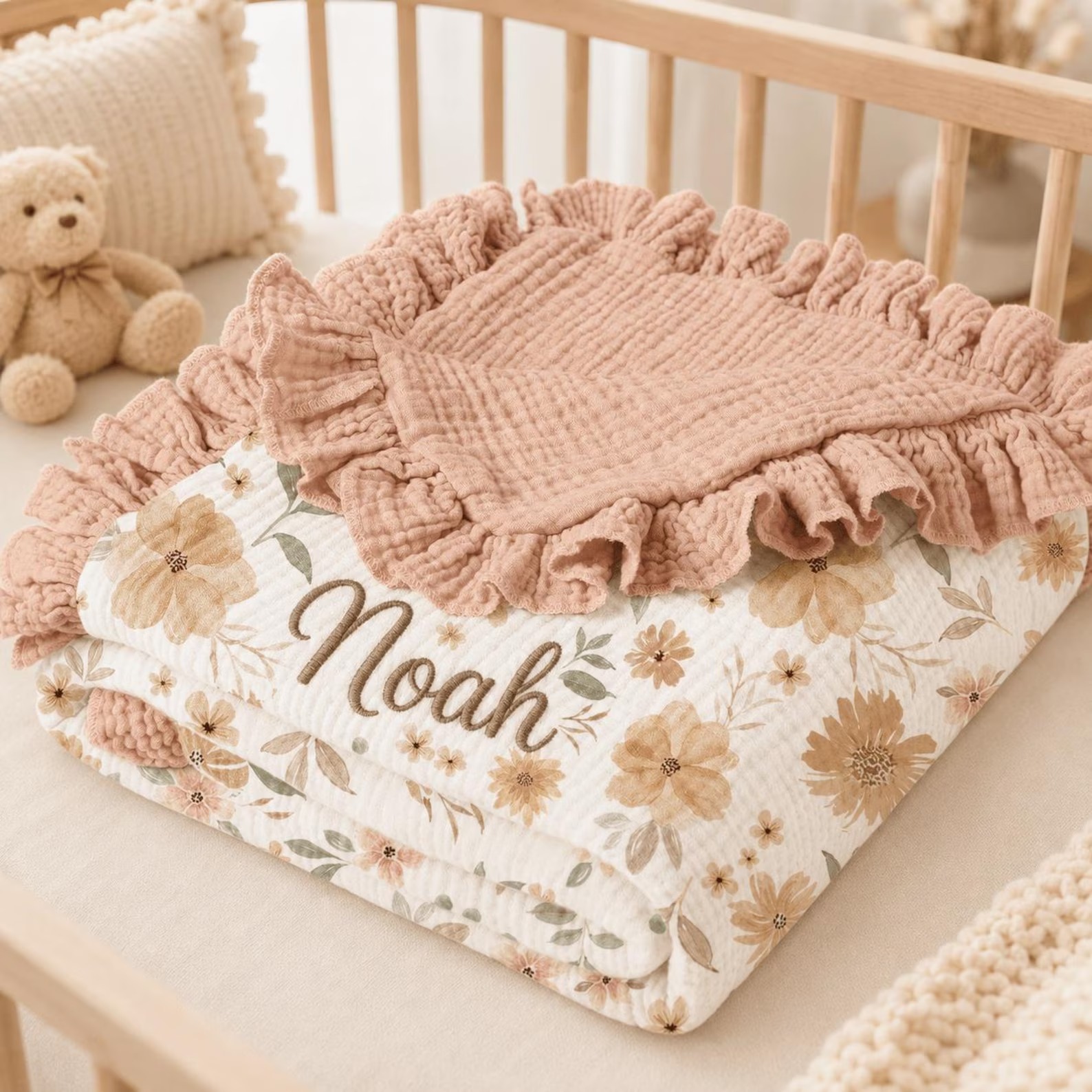 Personalized Ruffle Muslin Baby Blanket