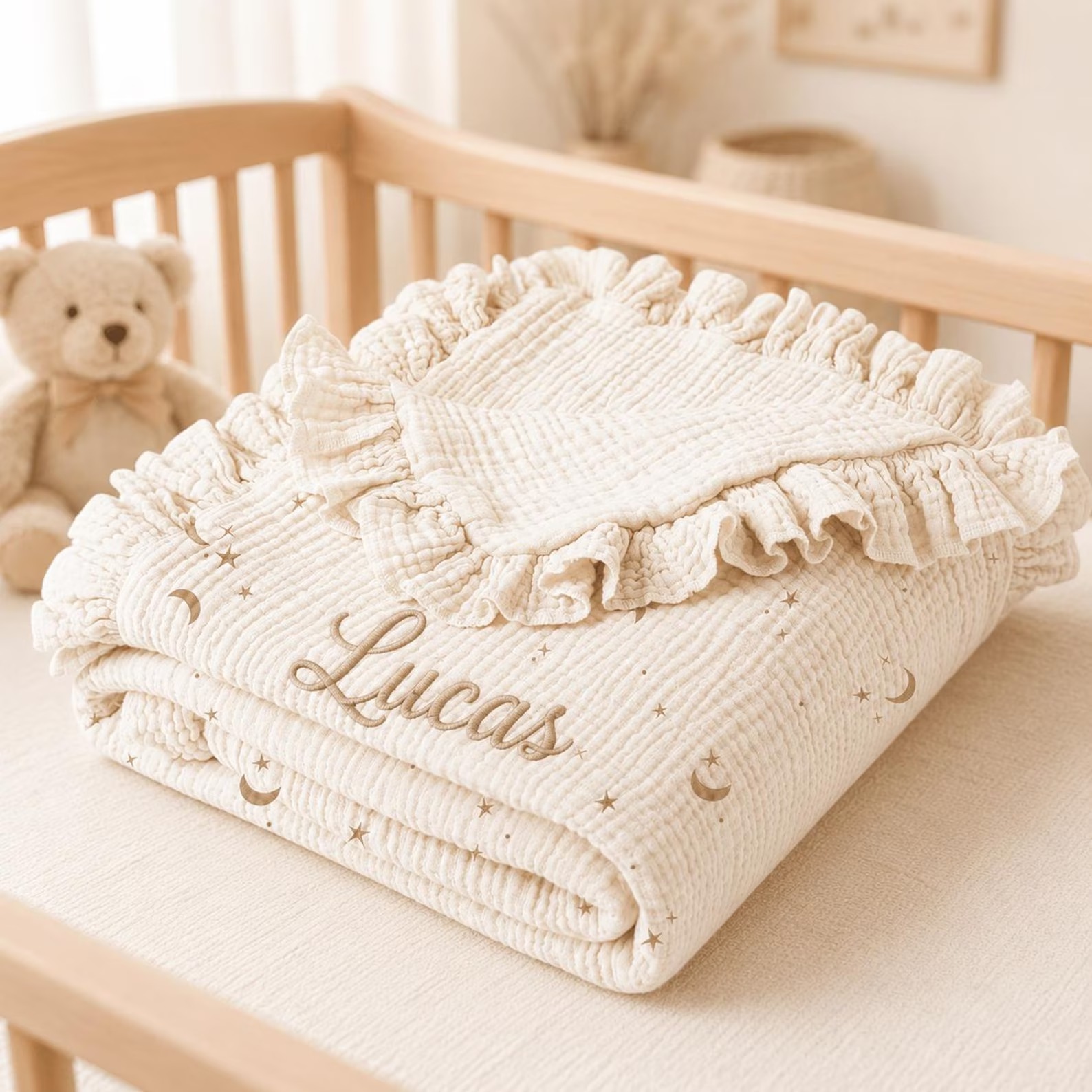 Personalized Ruffle Muslin Baby Blanket