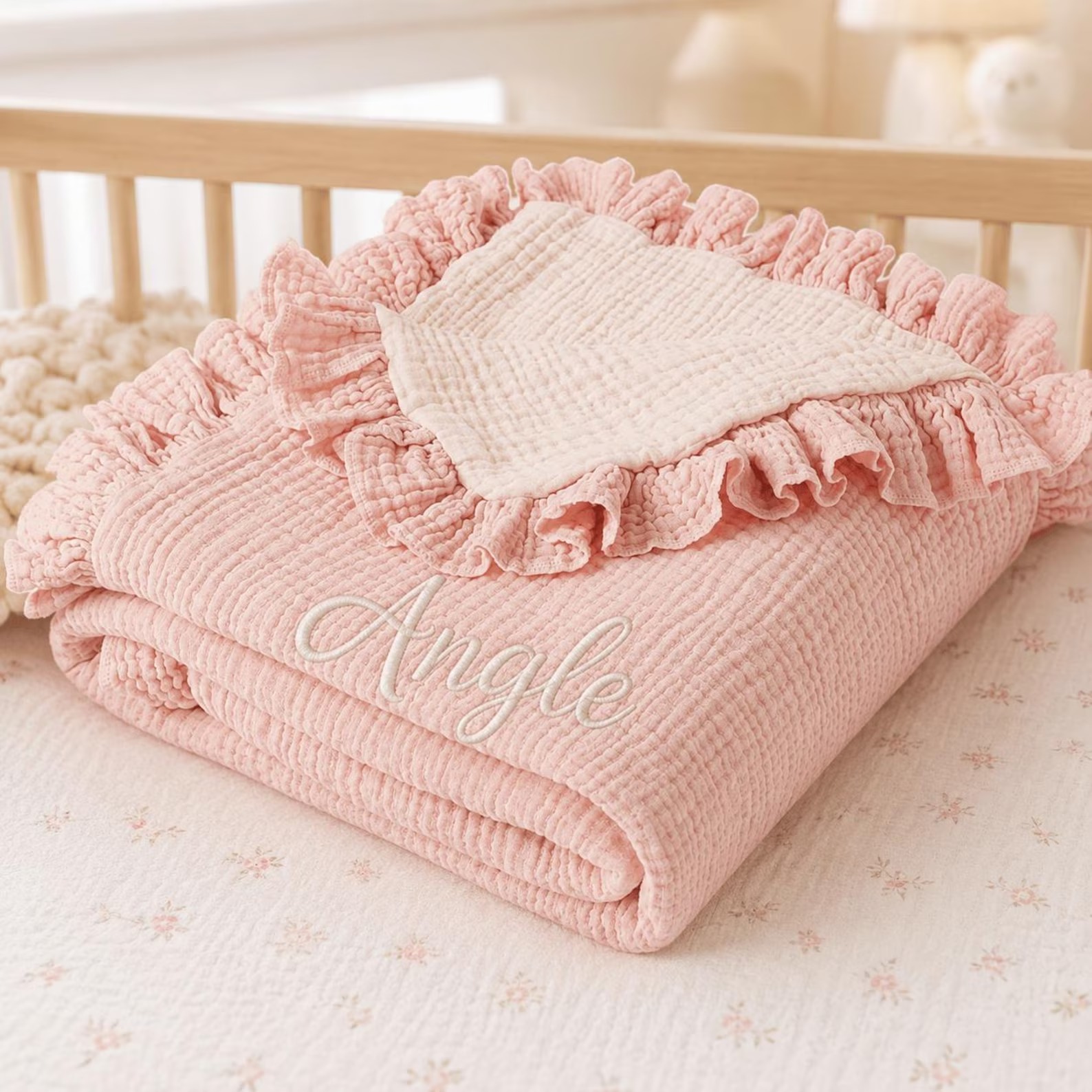 Personalized Ruffle Muslin Baby Blanket
