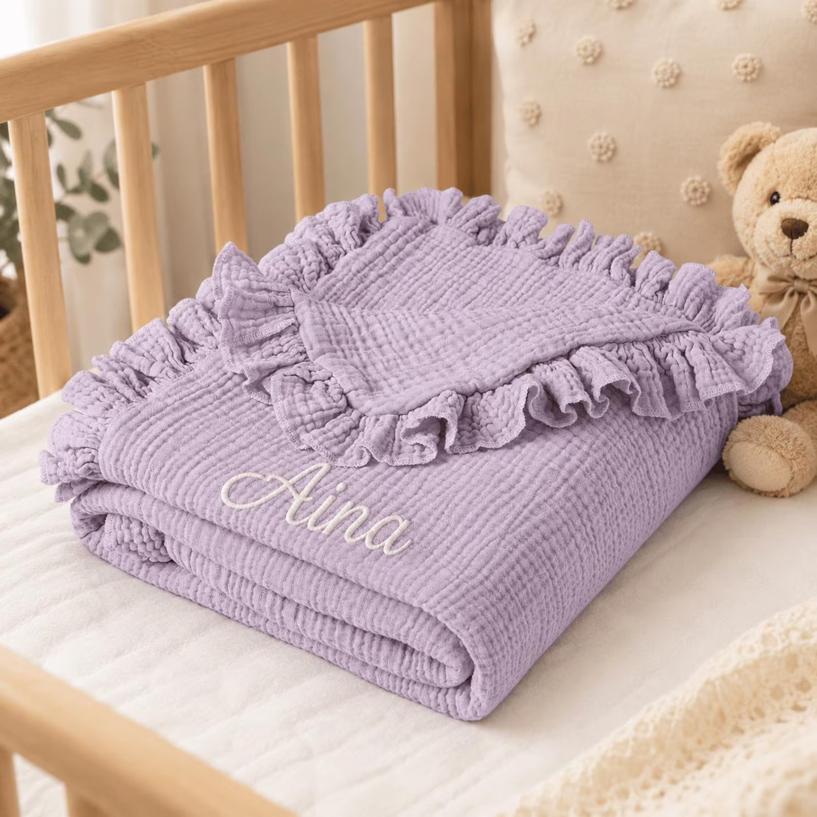 Personalized Ruffle Muslin Baby Blanket