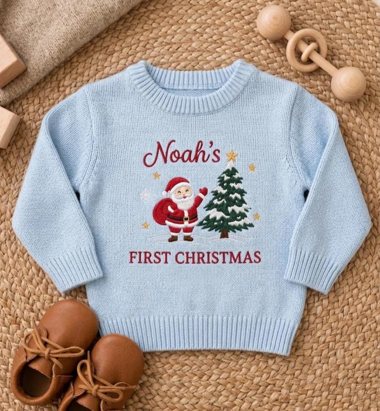 Custom Gingerbread Christmas Embroidered Knit Baby Sweater, Bear Candy Cane Xmas Jumper, Baby Shower Gift, Holiday Coming Home Outfit