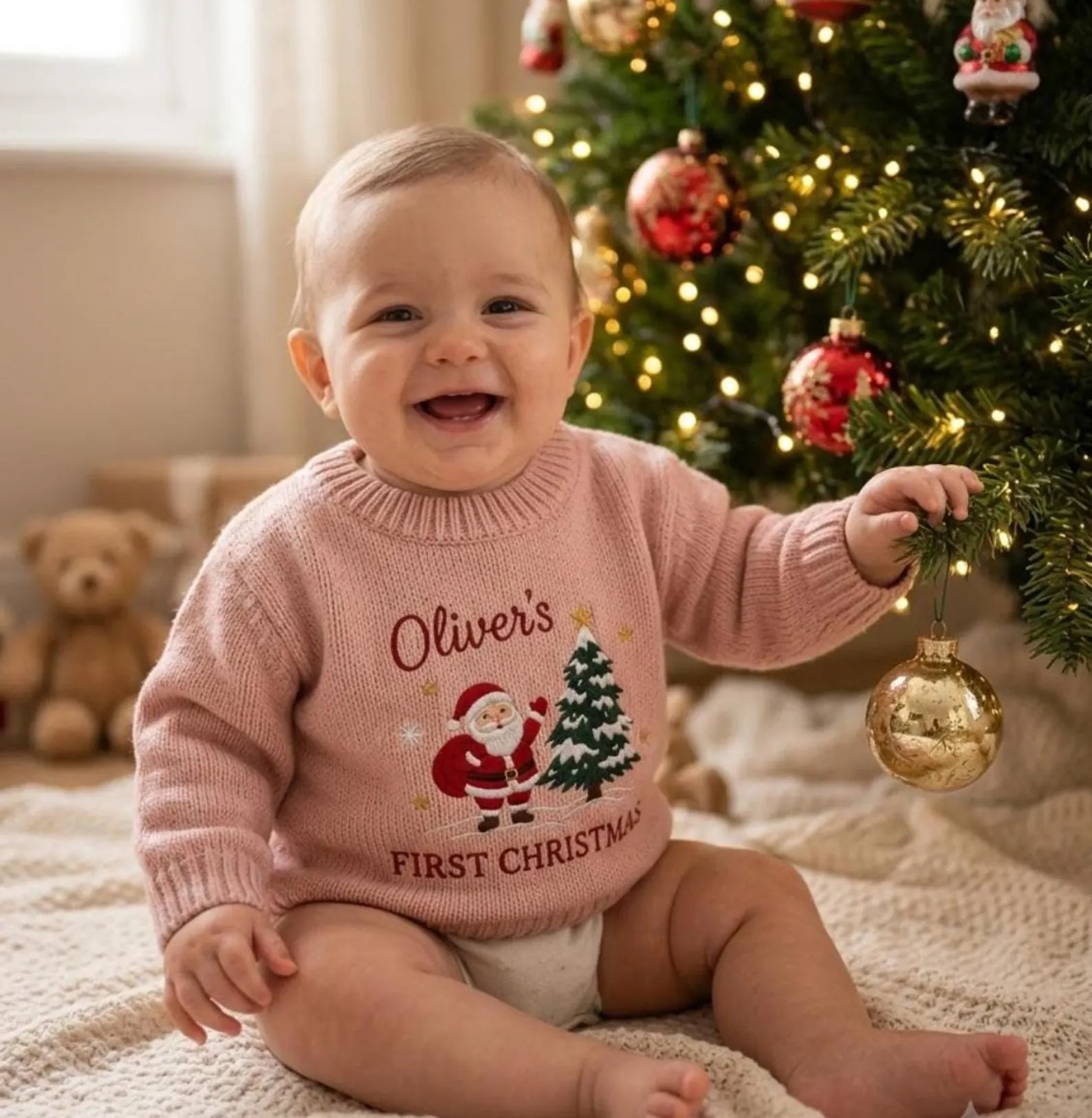 Custom Gingerbread Christmas Embroidered Knit Baby Sweater, Bear Candy Cane Xmas Jumper, Baby Shower Gift, Holiday Coming Home Outfit