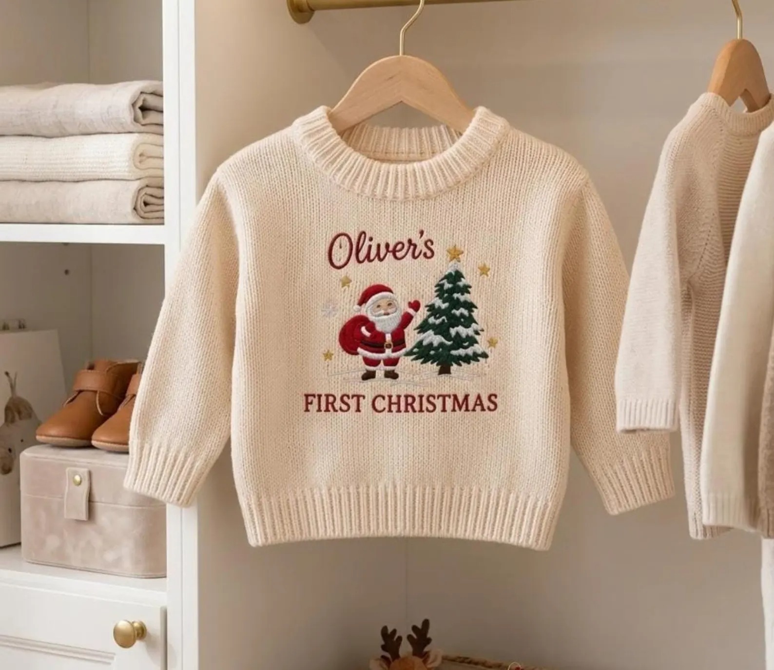 Custom Gingerbread Christmas Embroidered Knit Baby Sweater, Bear Candy Cane Xmas Jumper, Baby Shower Gift, Holiday Coming Home Outfit