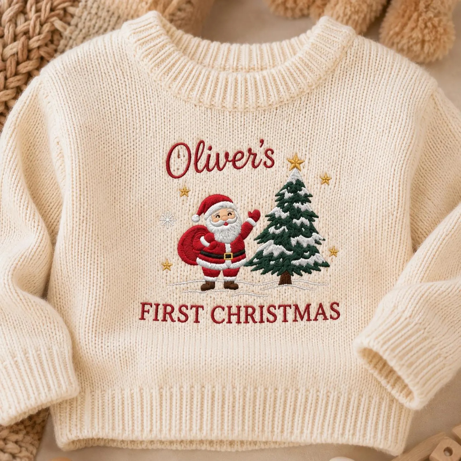 Custom Gingerbread Christmas Embroidered Knit Baby Sweater, Bear Candy Cane Xmas Jumper, Baby Shower Gift, Holiday Coming Home Outfit