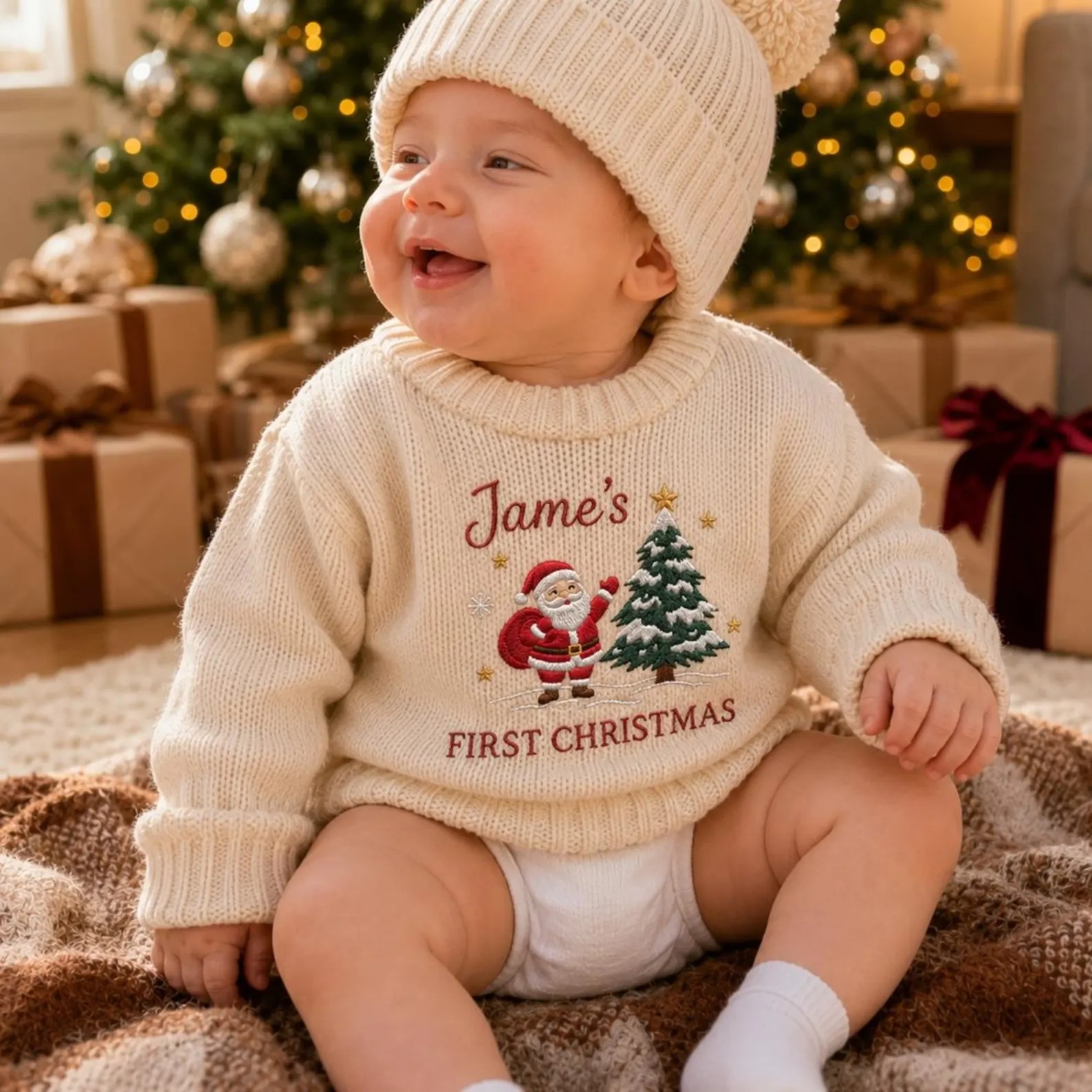 Custom Gingerbread Christmas Embroidered Knit Baby Sweater, Bear Candy Cane Xmas Jumper, Baby Shower Gift, Holiday Coming Home Outfit
