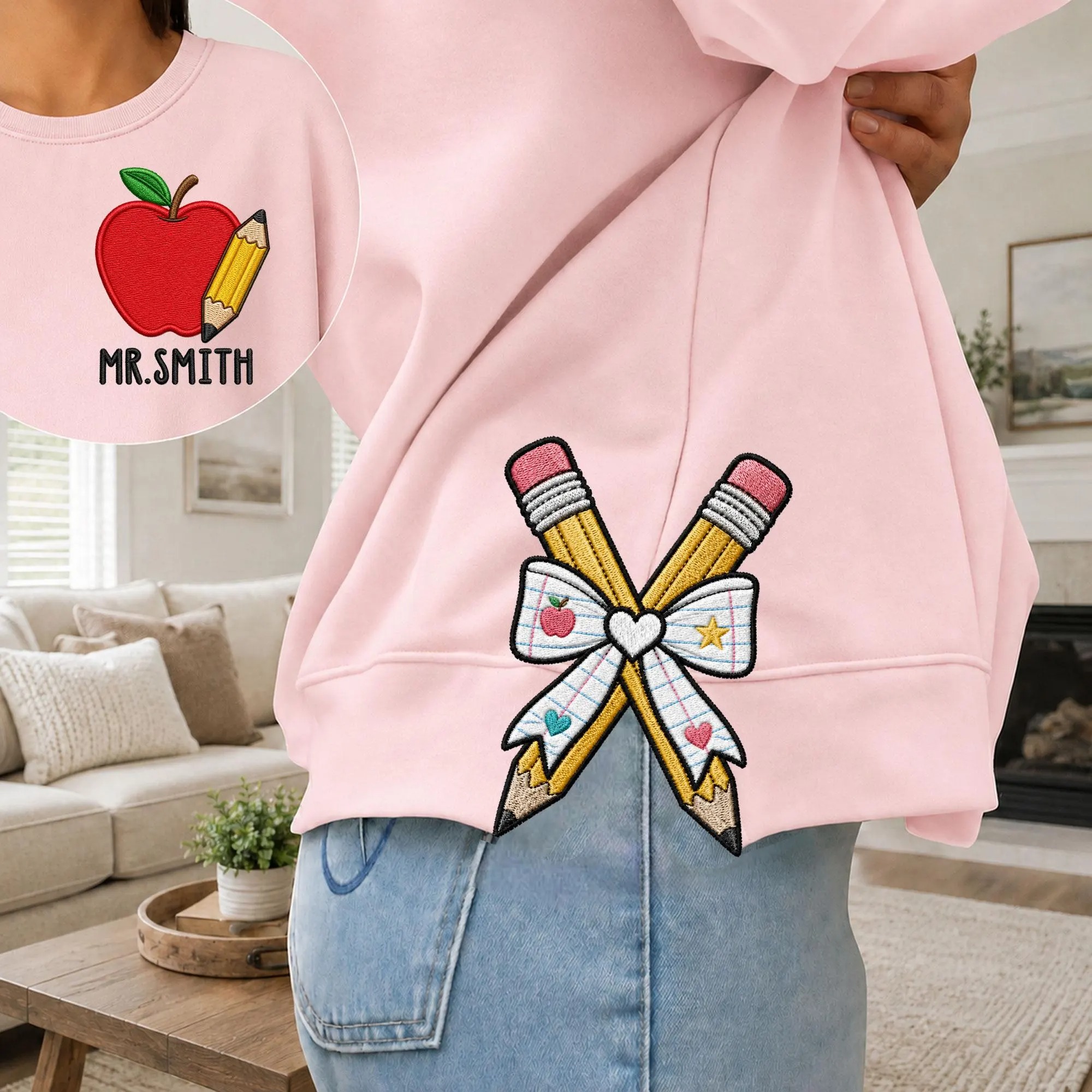 Personalized Teacher Side Bow Cut-Out Sweatshirt, Custom Name Sweatshirt, Teacher Embroidered Shirt, Back to School Shirt, Teacher Gift