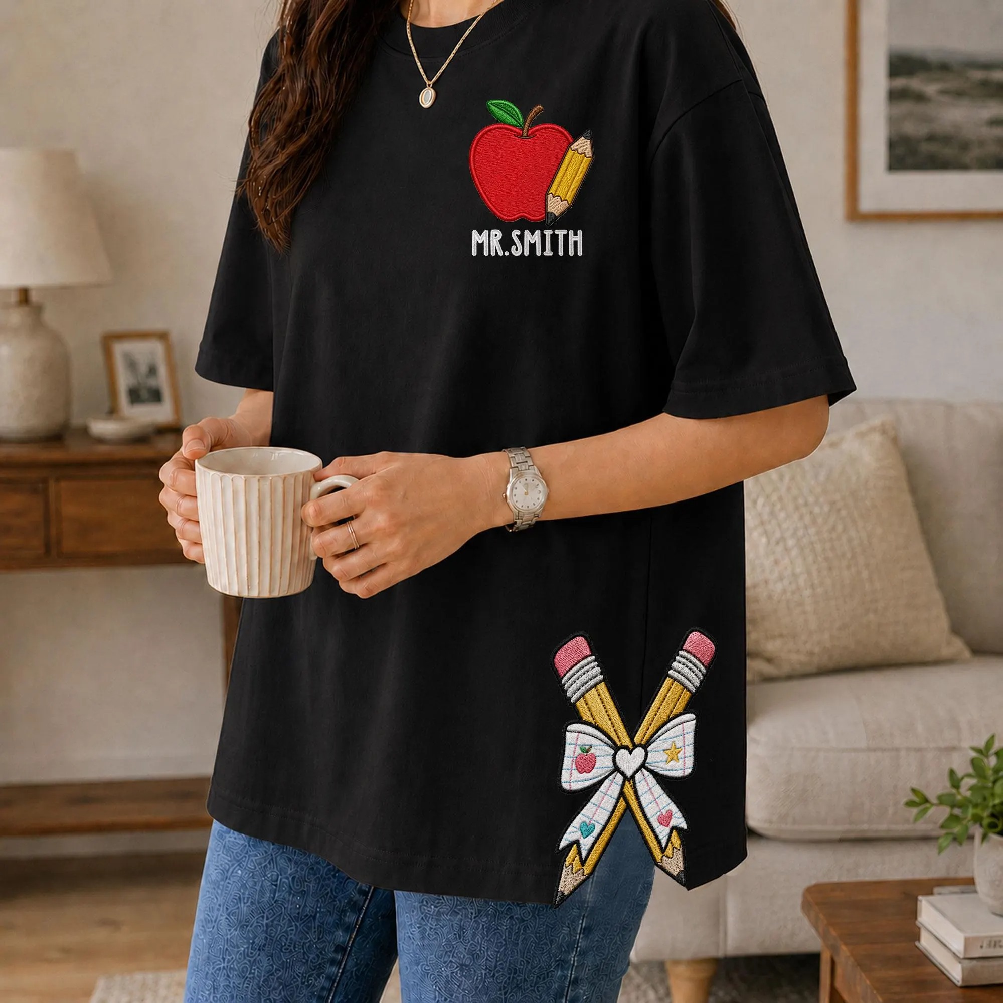 Personalized Teacher Side Bow Cut-Out Sweatshirt, Custom Name Sweatshirt, Teacher Embroidered Shirt, Back to School Shirt, Teacher Gift