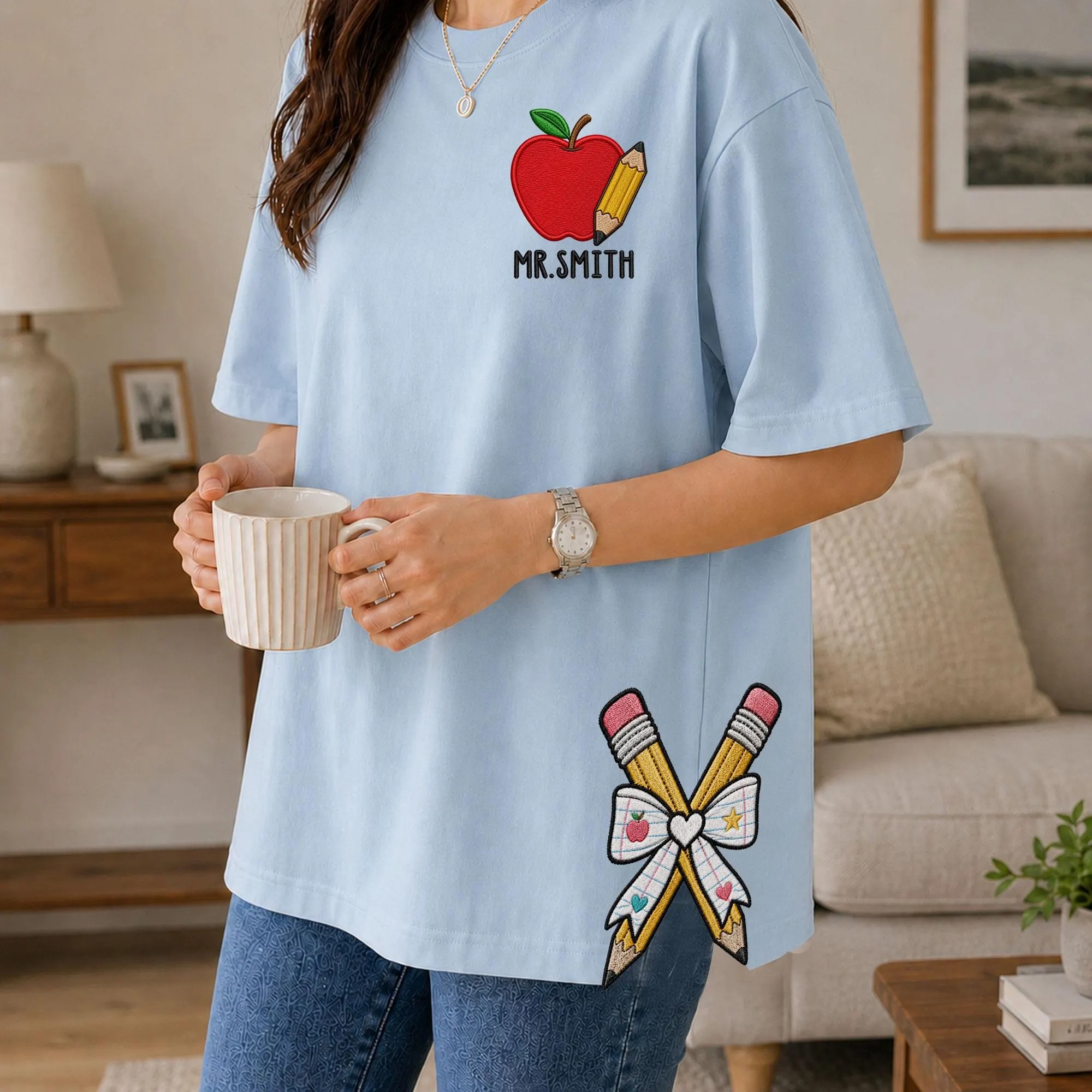 Personalized Teacher Side Bow Cut-Out Sweatshirt, Custom Name Sweatshirt, Teacher Embroidered Shirt, Back to School Shirt, Teacher Gift