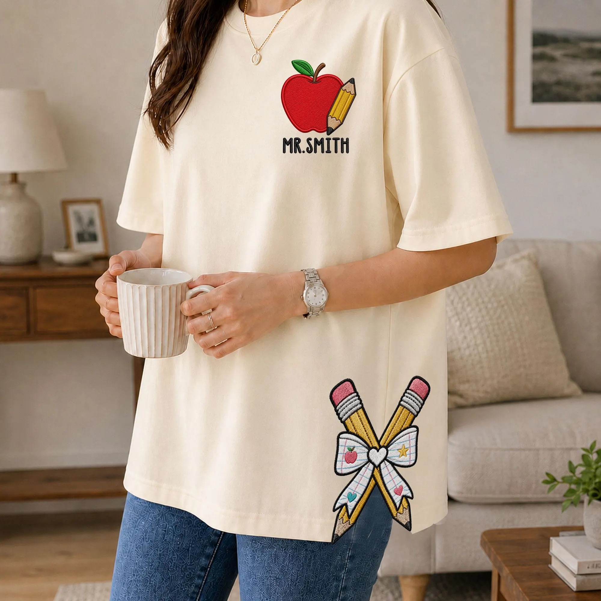 Personalized Teacher Side Bow Cut-Out Sweatshirt, Custom Name Sweatshirt, Teacher Embroidered Shirt, Back to School Shirt, Teacher Gift