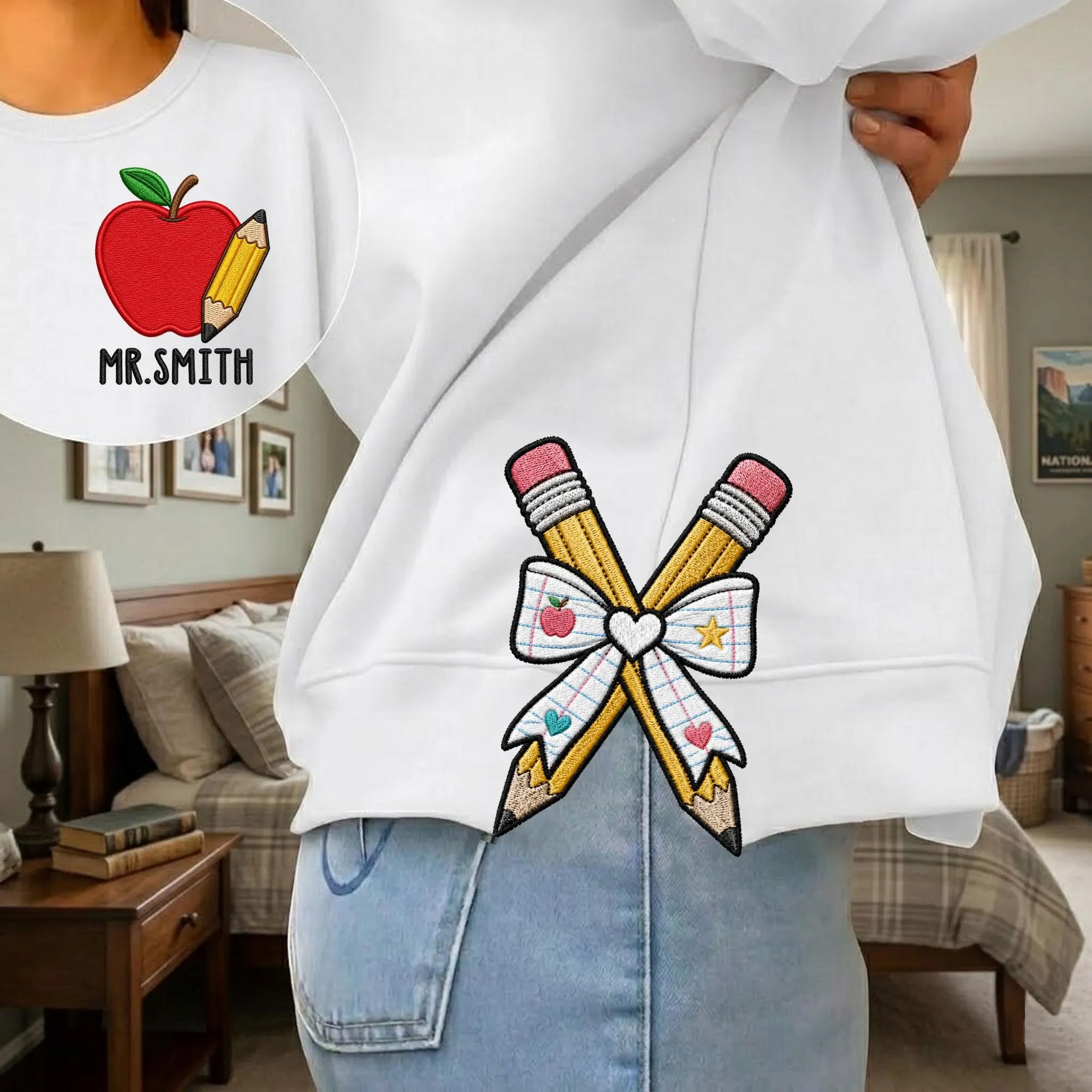 Personalized Teacher Side Bow Cut-Out Sweatshirt, Custom Name Sweatshirt, Teacher Embroidered Shirt, Back to School Shirt, Teacher Gift
