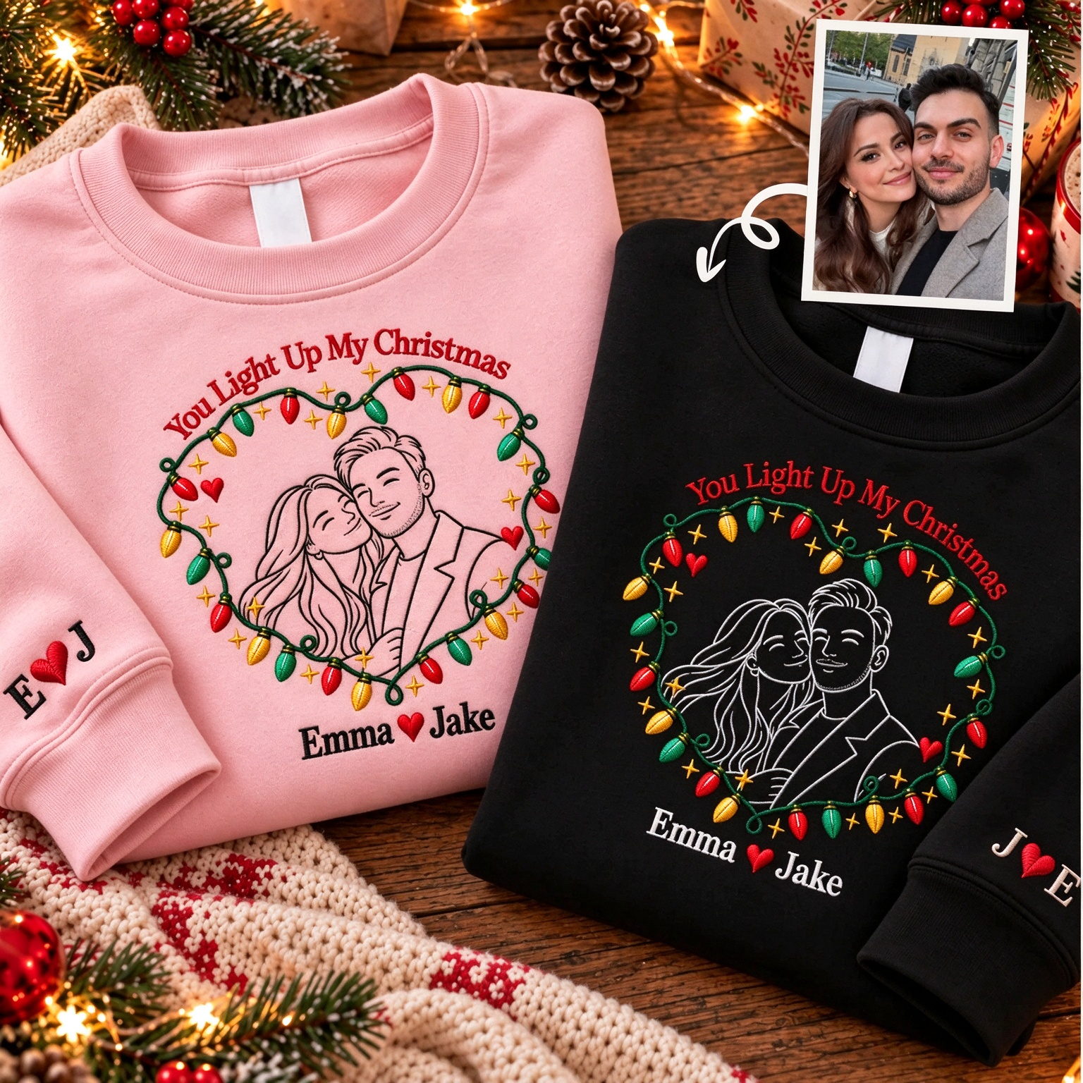 Personalized You Light Up My Christmas Embroidered Sweatshirt – Custom Couple Photo Sweatshirt