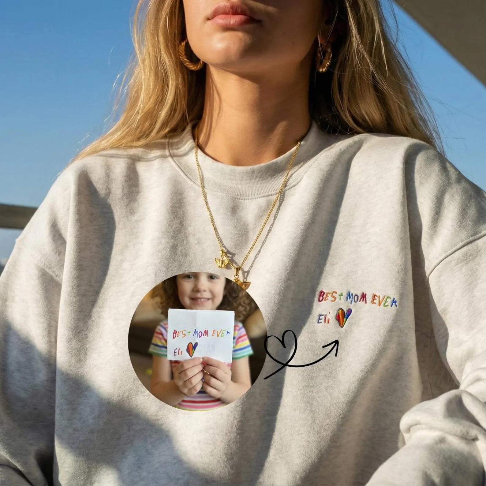 Personalized embroidered sweatshirt with handwritten child's drawing, Mother's Day gift for mom