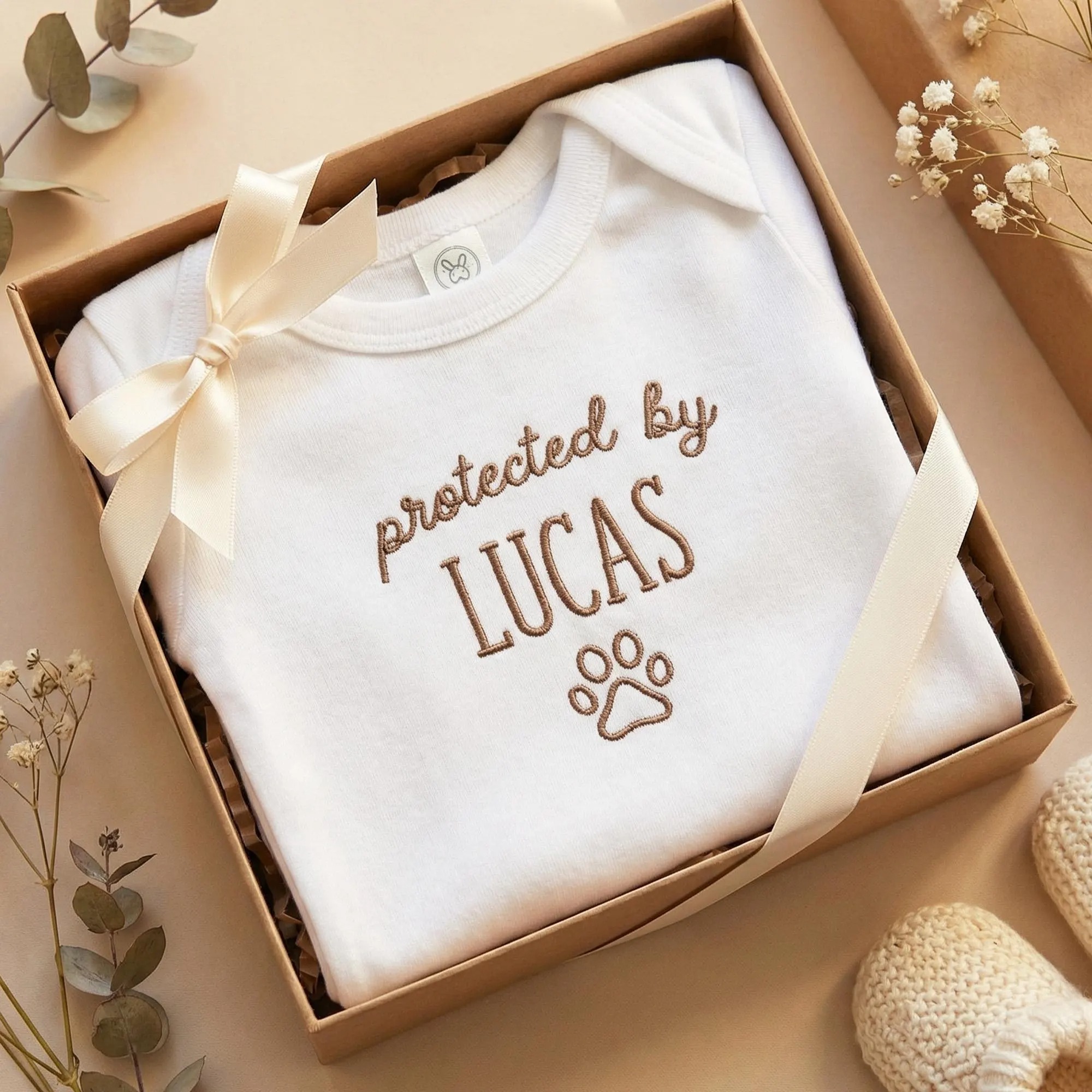 Protected by Baby Onesie - Custom Embroidered Pet Name Onesie