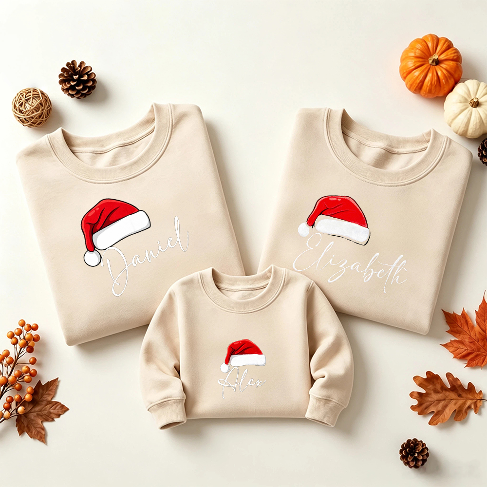 Santa Hat Custom Name Family Matching Sweatshirt Outfits