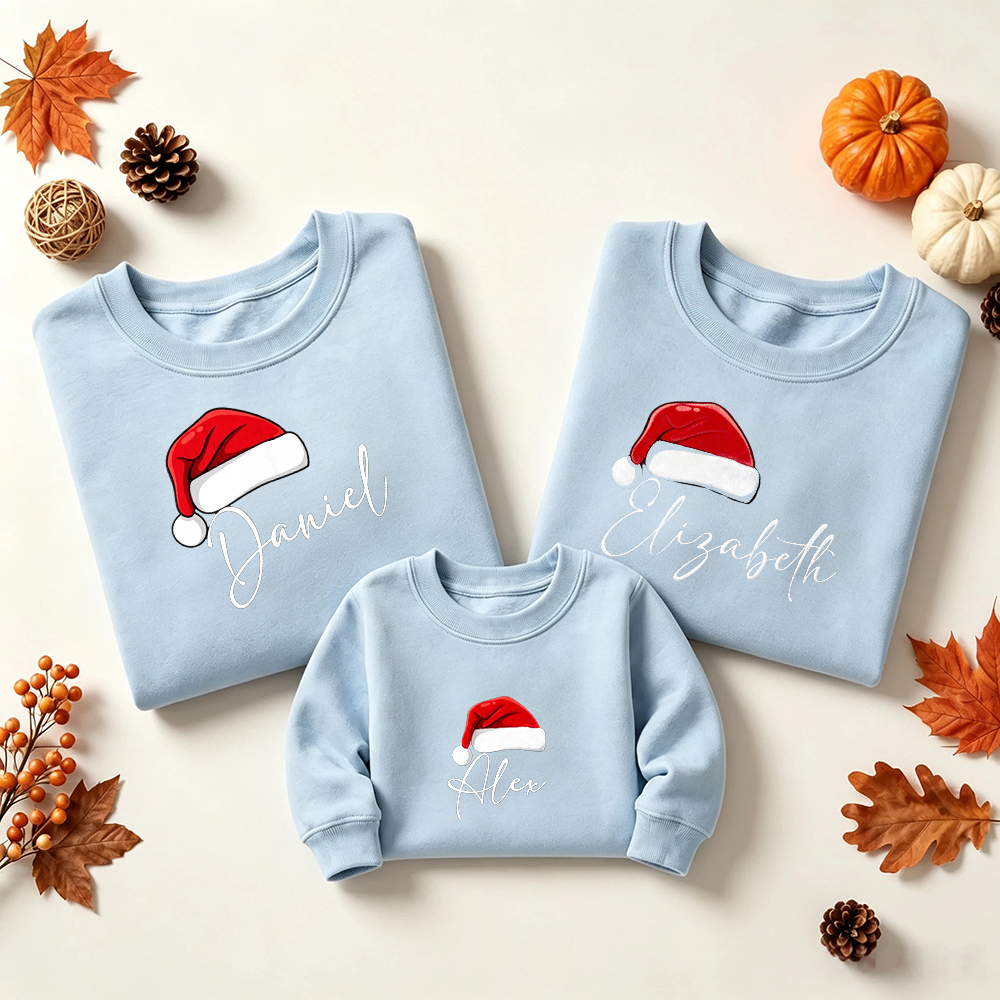 Santa Hat Custom Name Family Matching Sweatshirt Outfits